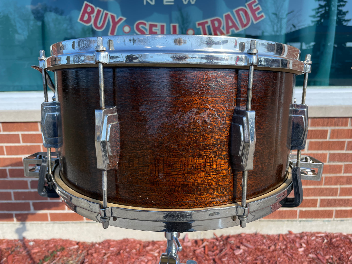 1939 Ludwig & Ludwig 7x14 No. 50 Super Ludwig Snare Drum Mahogany White Enamel Badge Super Swing