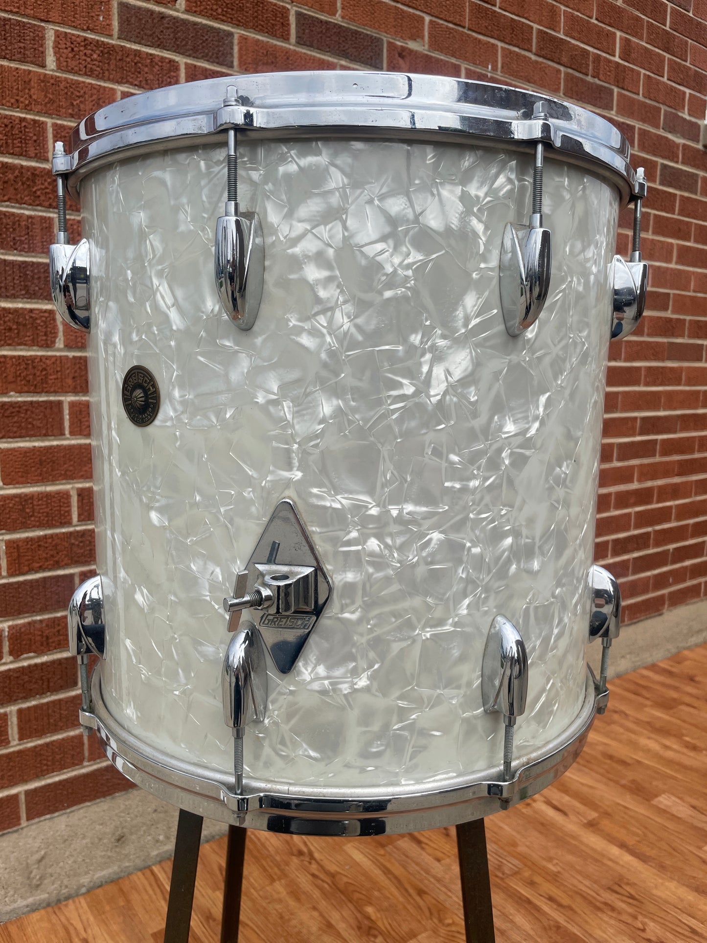 1960s Gretsch No. 4418 16x16 Floor Tom Drum White Marine Pearl Round Badge