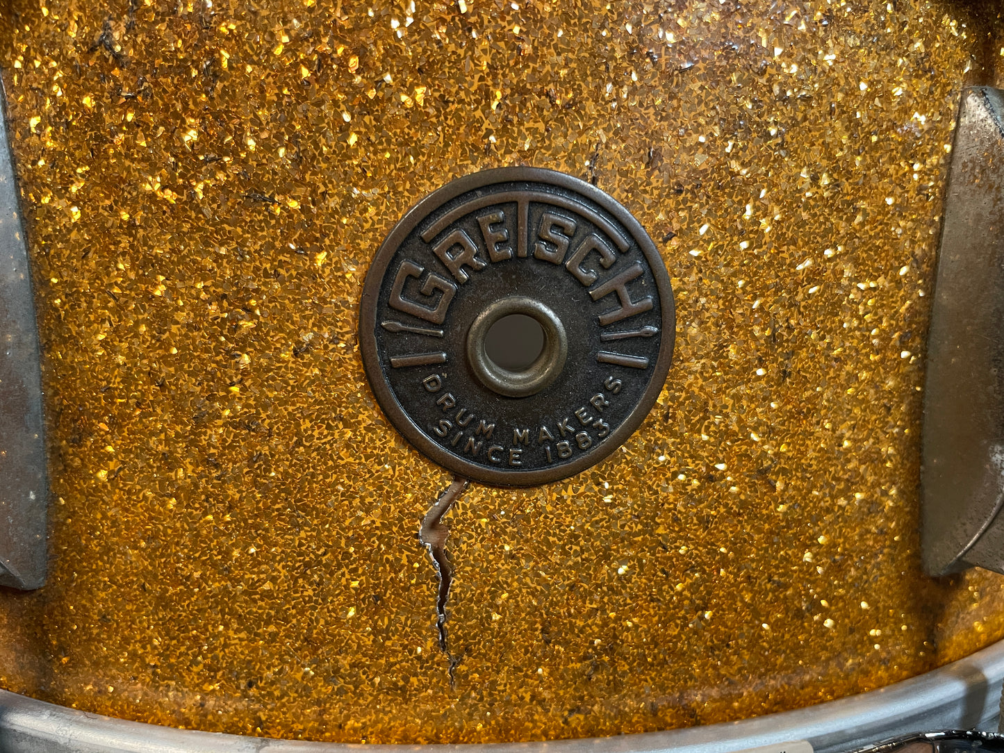 1960s Gretsch No. 4157 5.5x14 Snare Drum Gold Sparkle Round Badge
