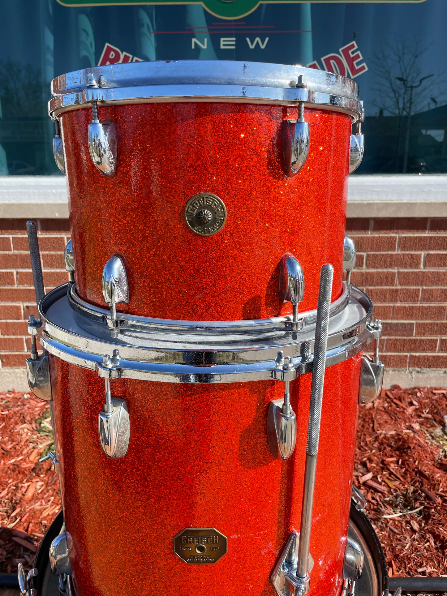 Vintage Gretsch Name Band Round Badge/Stop Sign Drum Set Tangerine Sparkle 20/13/16