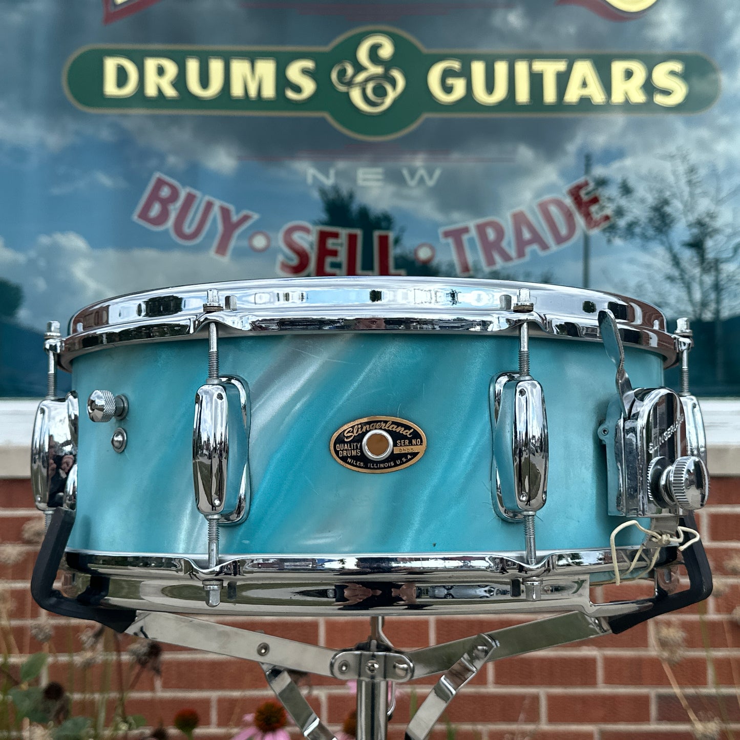 1960s Slingerland 5.5x14 Artist Model 3-Ply Snare Drum Aqua Green Satin Flame 8 Lug