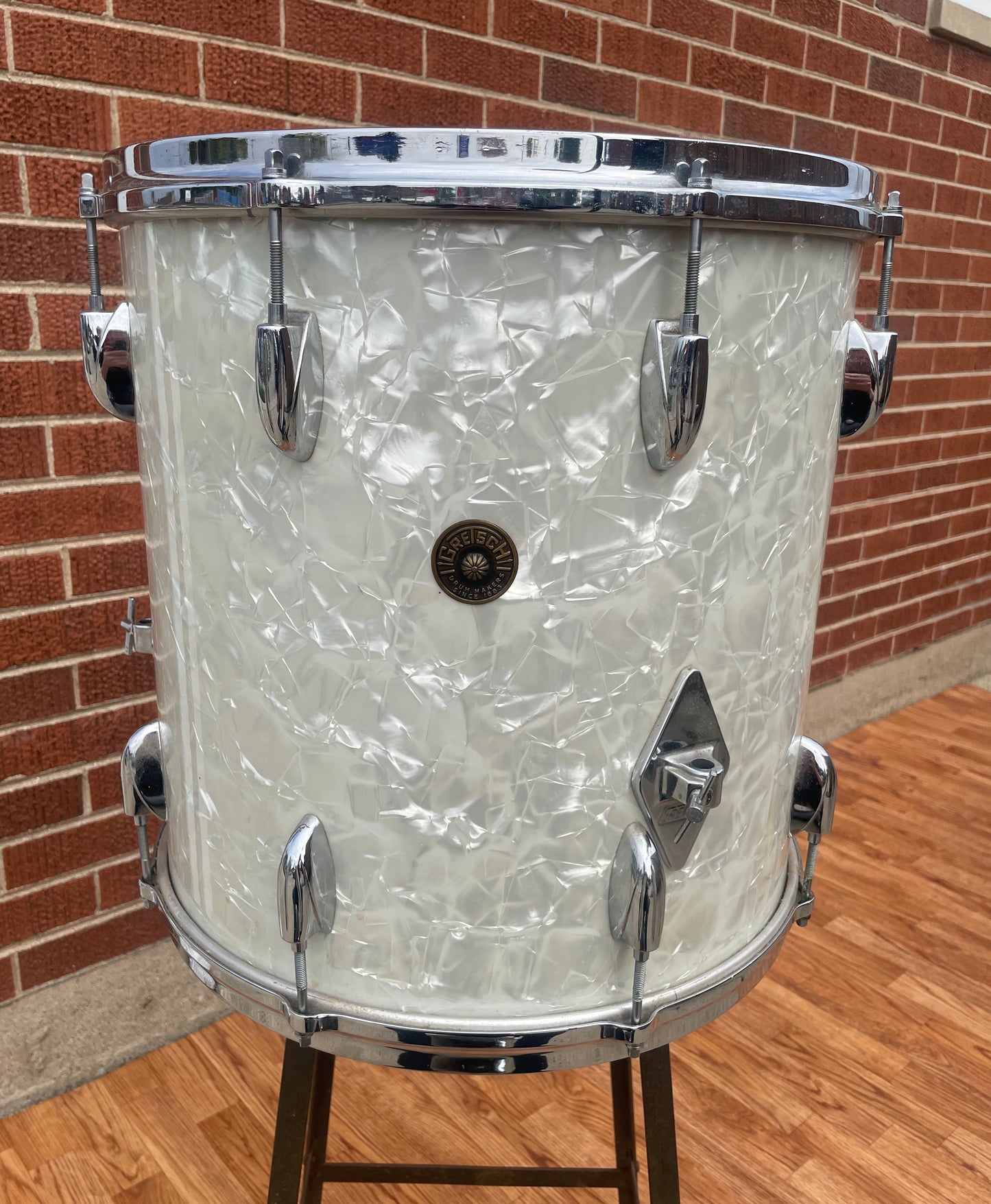 1960s Gretsch No. 4418 16x16 Floor Tom Drum White Marine Pearl Round Badge
