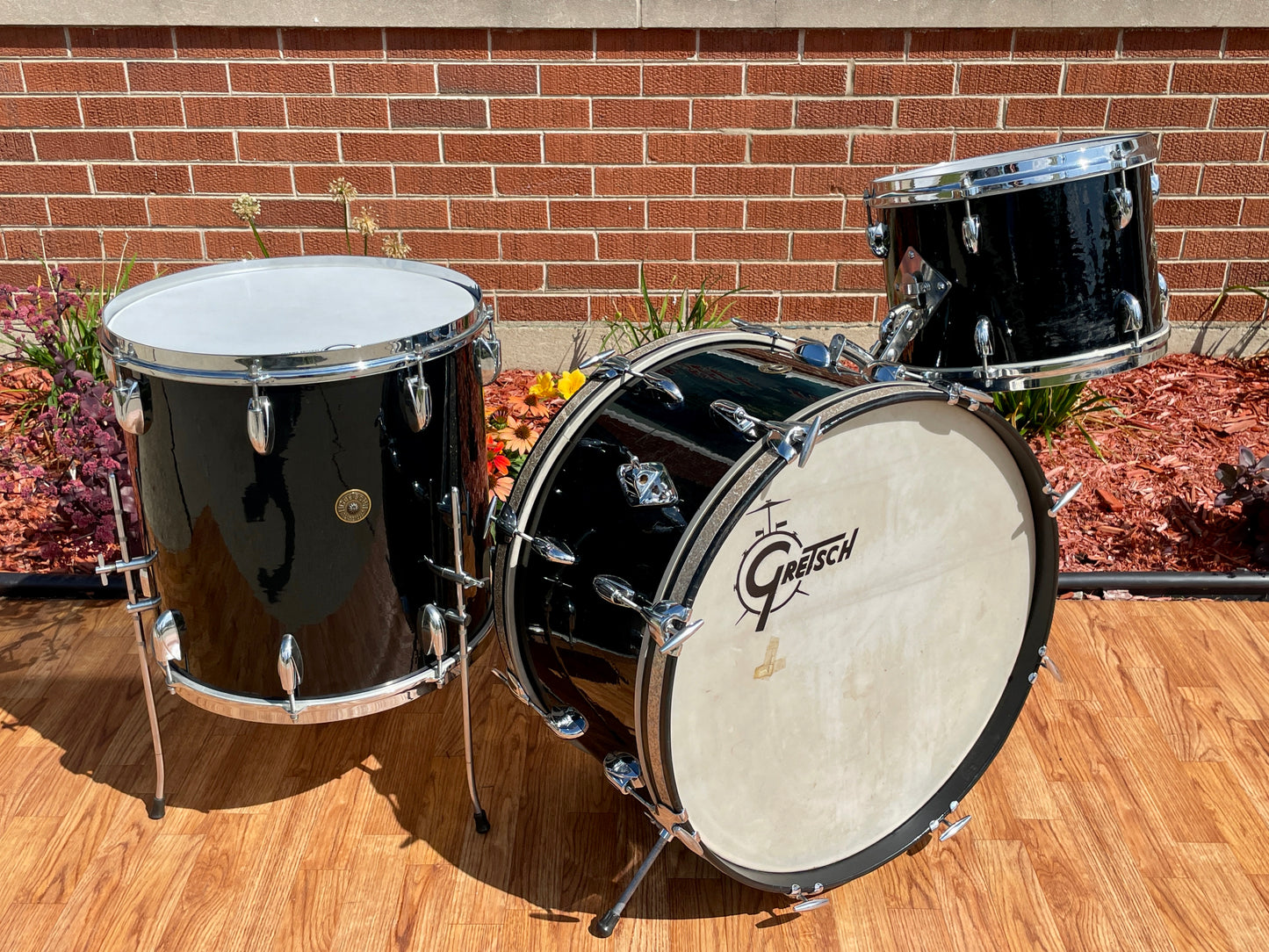 1959/1960 Gretsch Round Badge Black Nitron Transition Drum Set 22/13/16