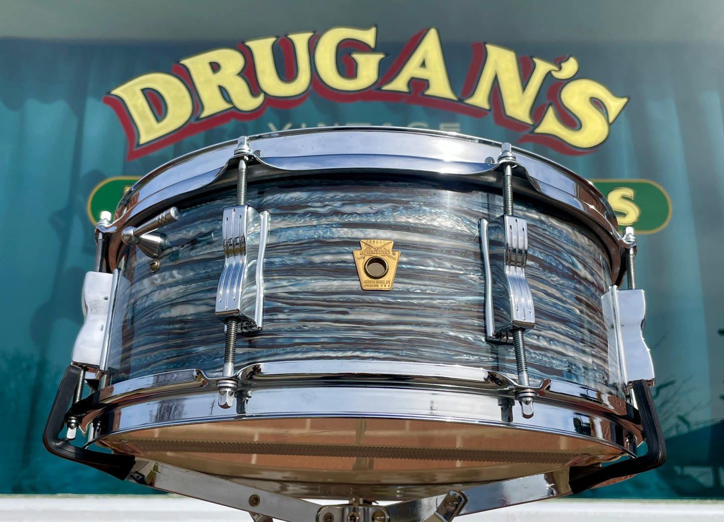 1966 Ludwig No. 908P Jazz Festival 5x14 Snare Drum Oyster Blue Pearl