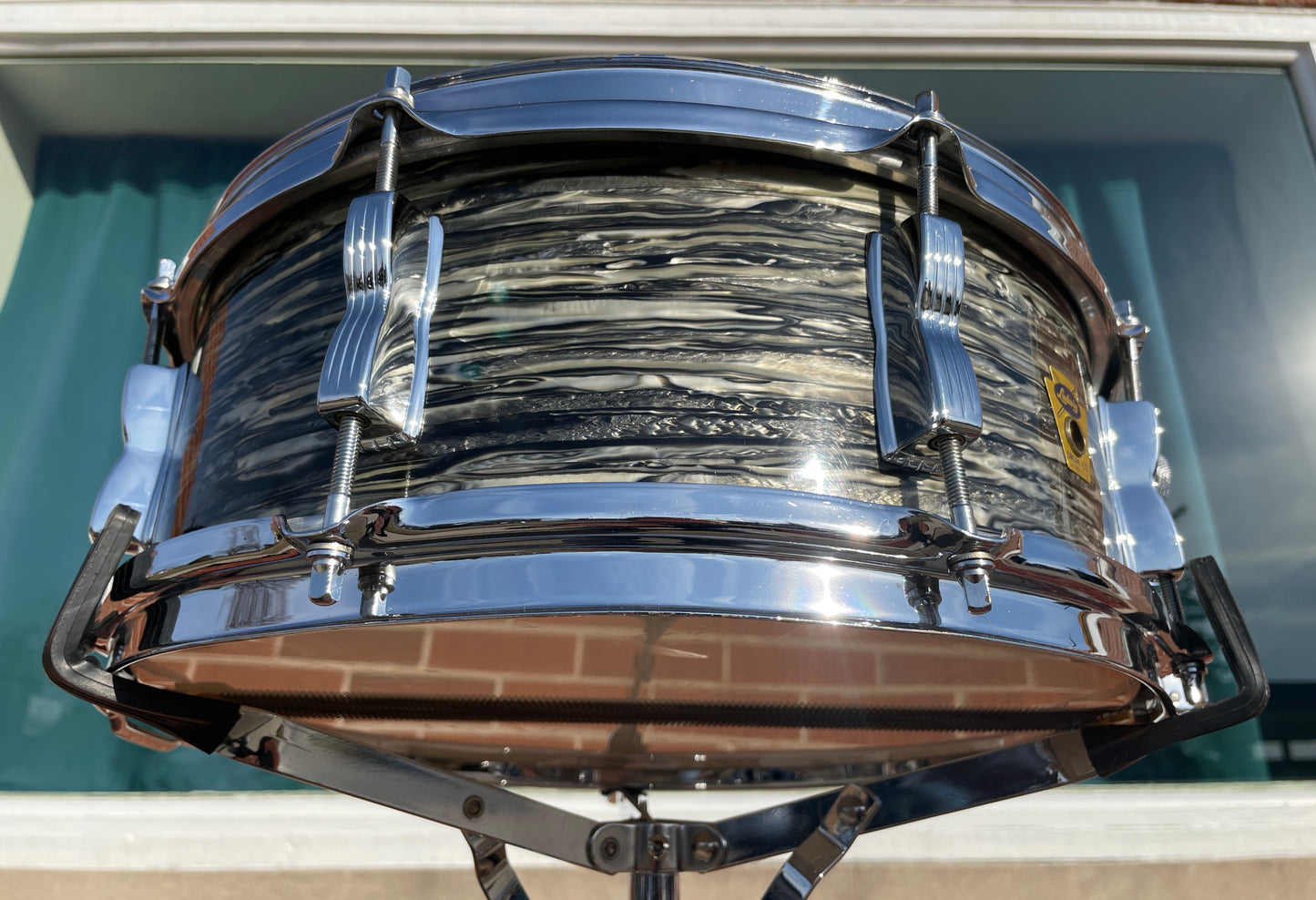 1958 Ludwig 5.5x14 No. 900P Trans Badge Super Classic Snare Drum Oyster Black Pearl COB