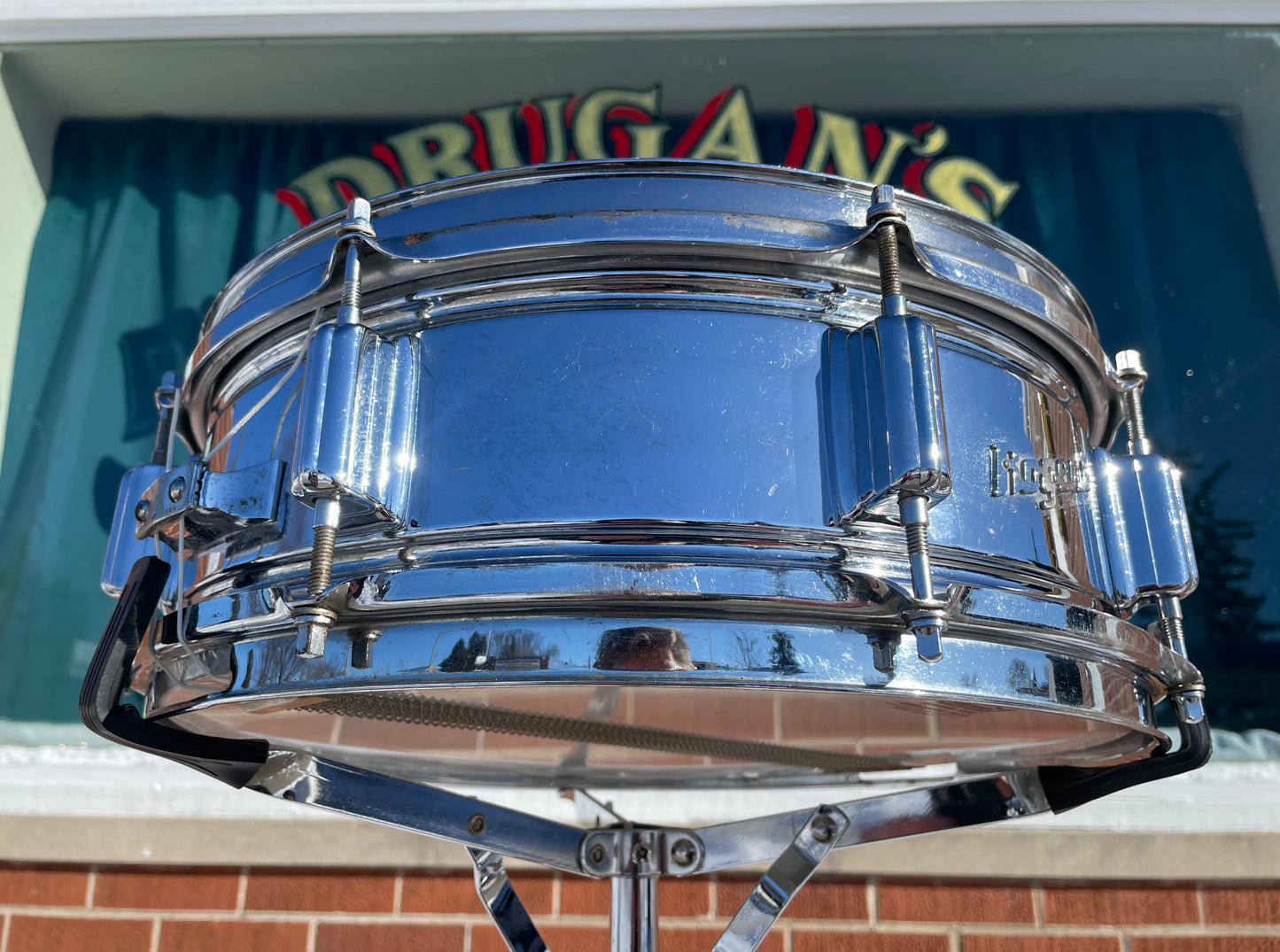 1960s Rogers 5x14 Powertone Chrome Over Brass Snare Drum COB
