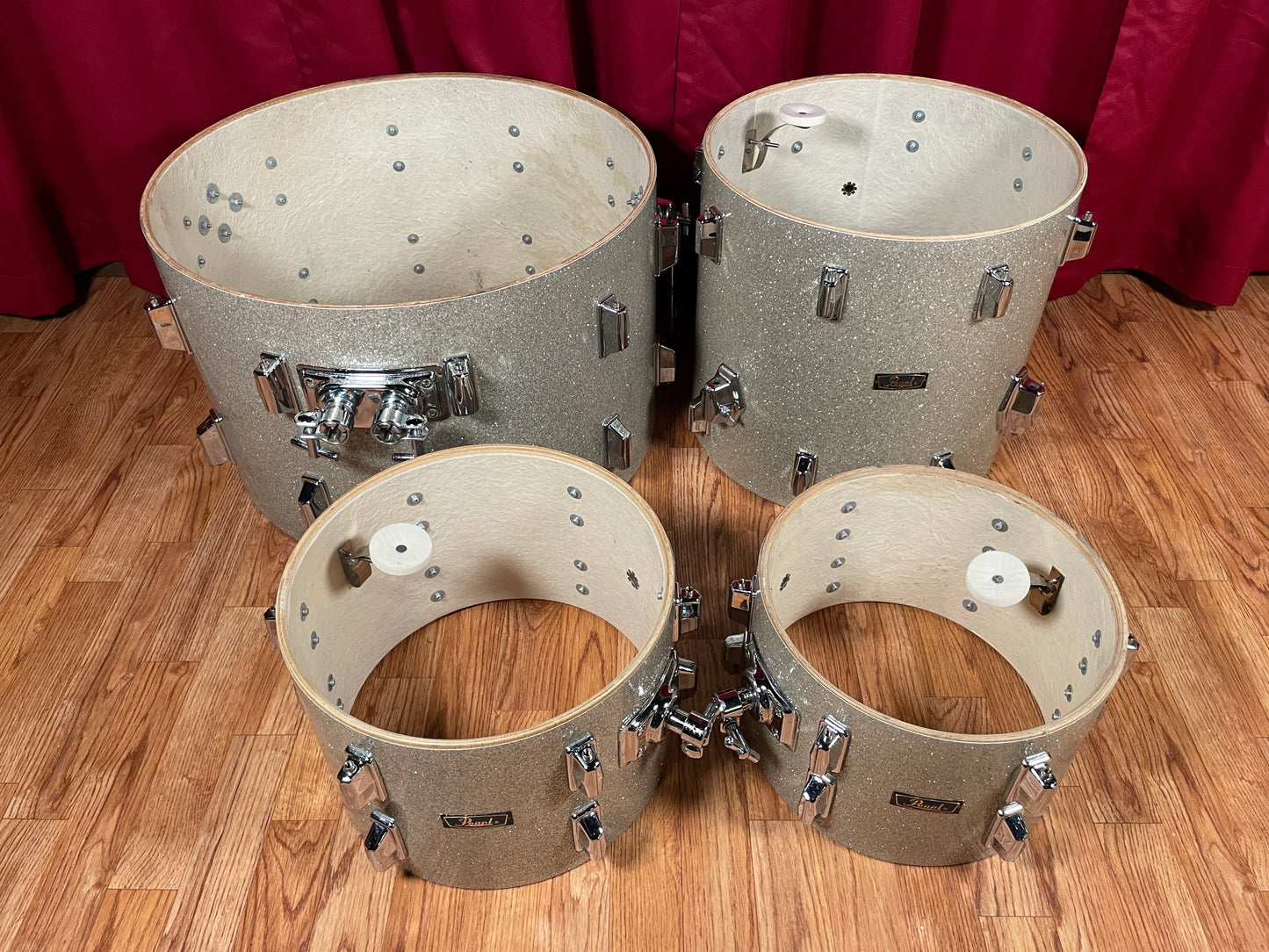 1970s Pearl Wood Fiberglass Drum Set 22/12/13/16 Silver Sparkle *Video Demo*