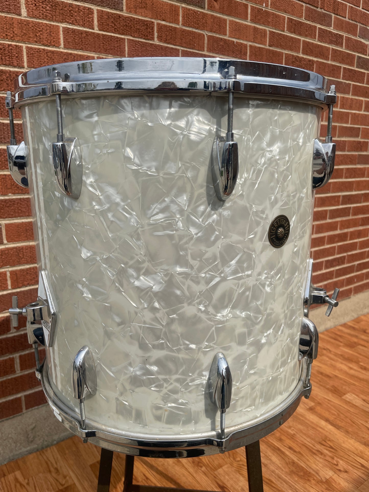 1960s Gretsch No. 4418 16x16 Floor Tom Drum White Marine Pearl Round Badge
