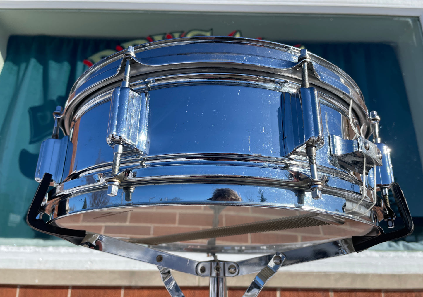 1960s Rogers 5x14 Powertone Chrome Over Brass Snare Drum COB