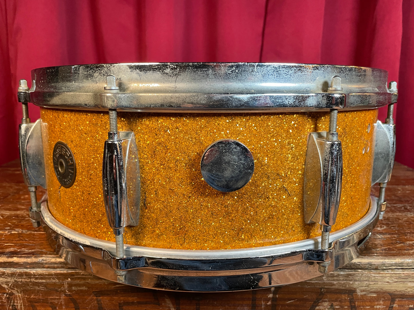 1960s Gretsch No. 4157 5.5x14 Snare Drum Gold Sparkle Round Badge