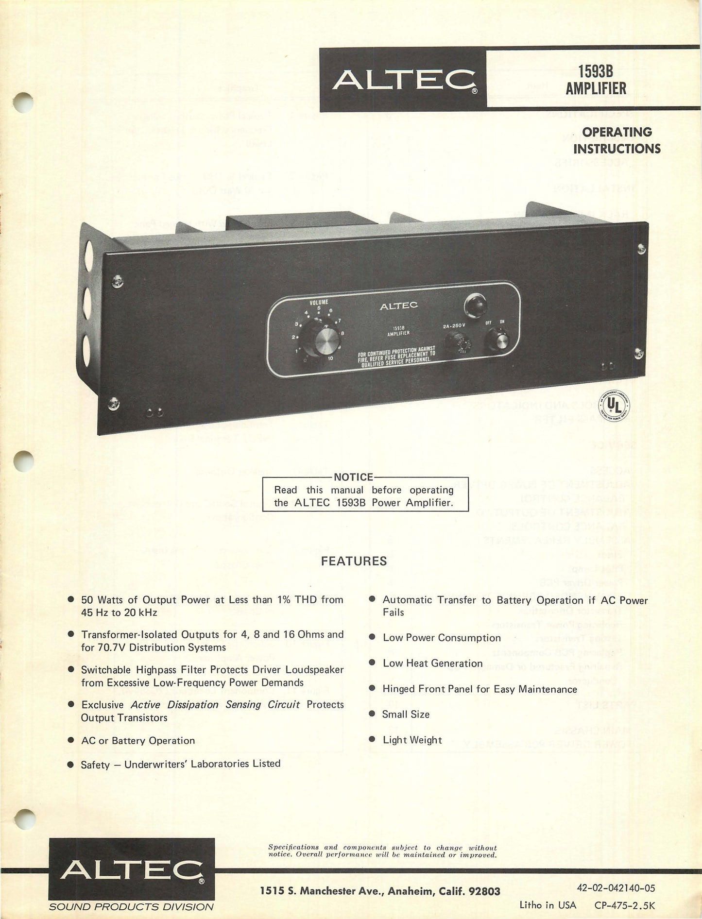 Vintage Altec Lansing 1593B Solid State Mono Power Amplifier #2