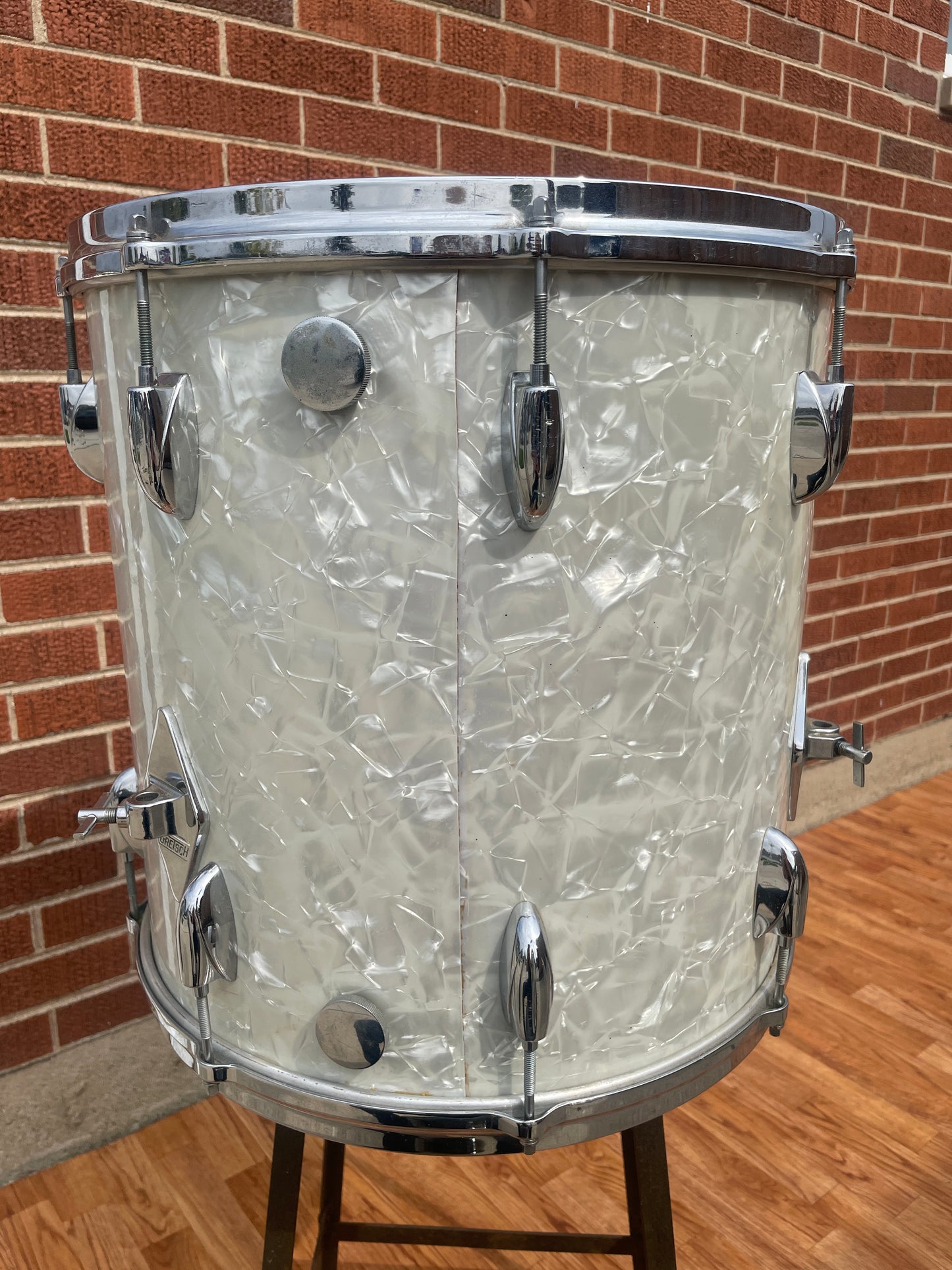 1960s Gretsch No. 4418 16x16 Floor Tom Drum White Marine Pearl Round Badge