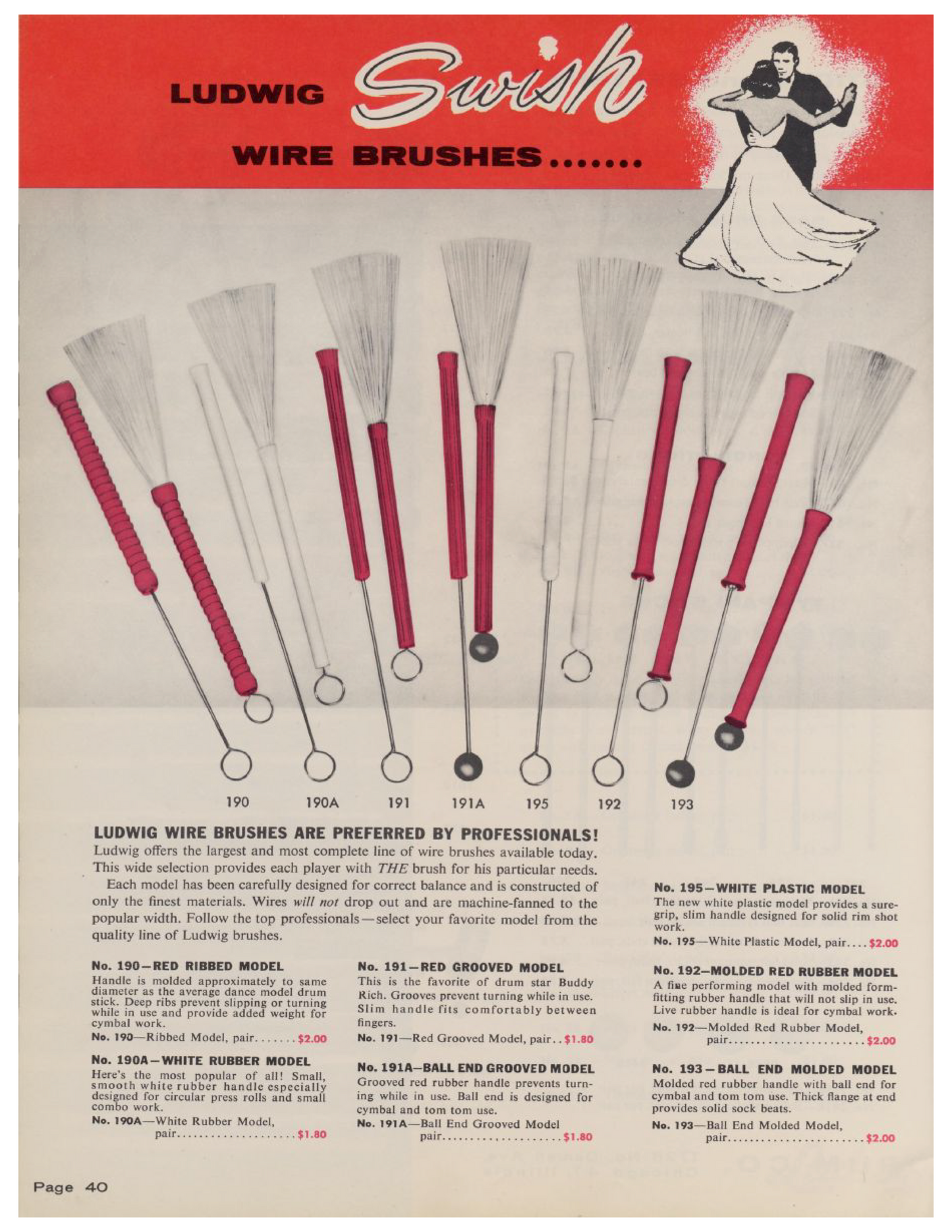 1960s Ludwig No. 191A Ball End Grooved Model Retractable Brushes