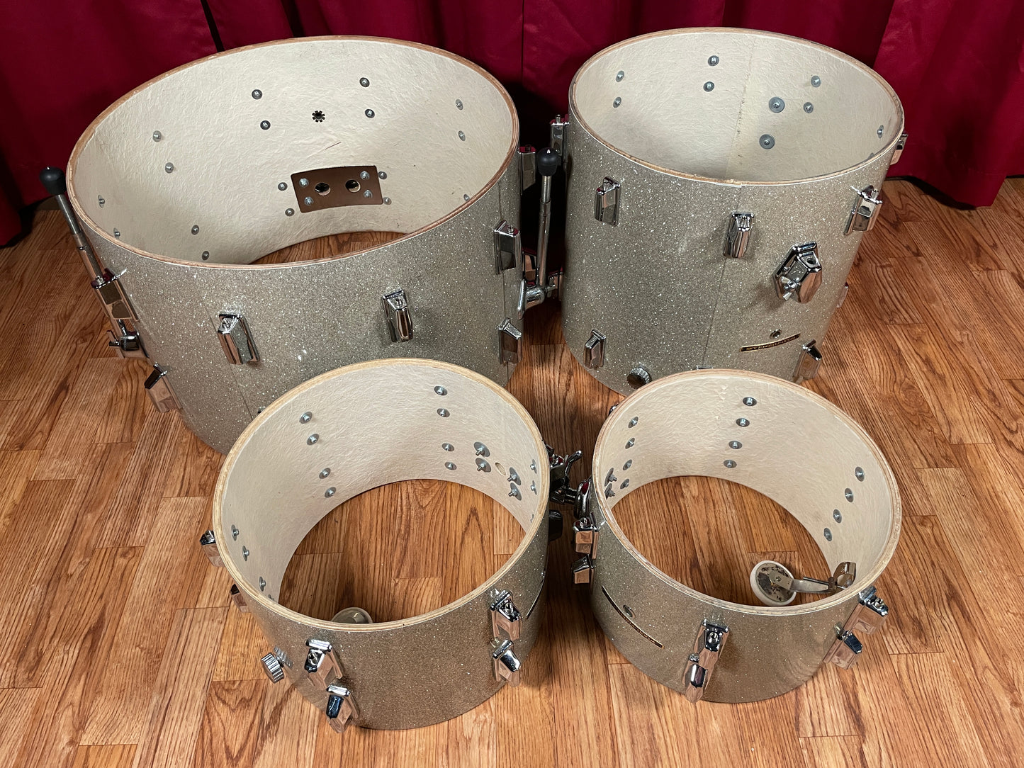 1970s Pearl Wood Fiberglass Drum Set 22/12/13/16 Silver Sparkle *Video Demo*