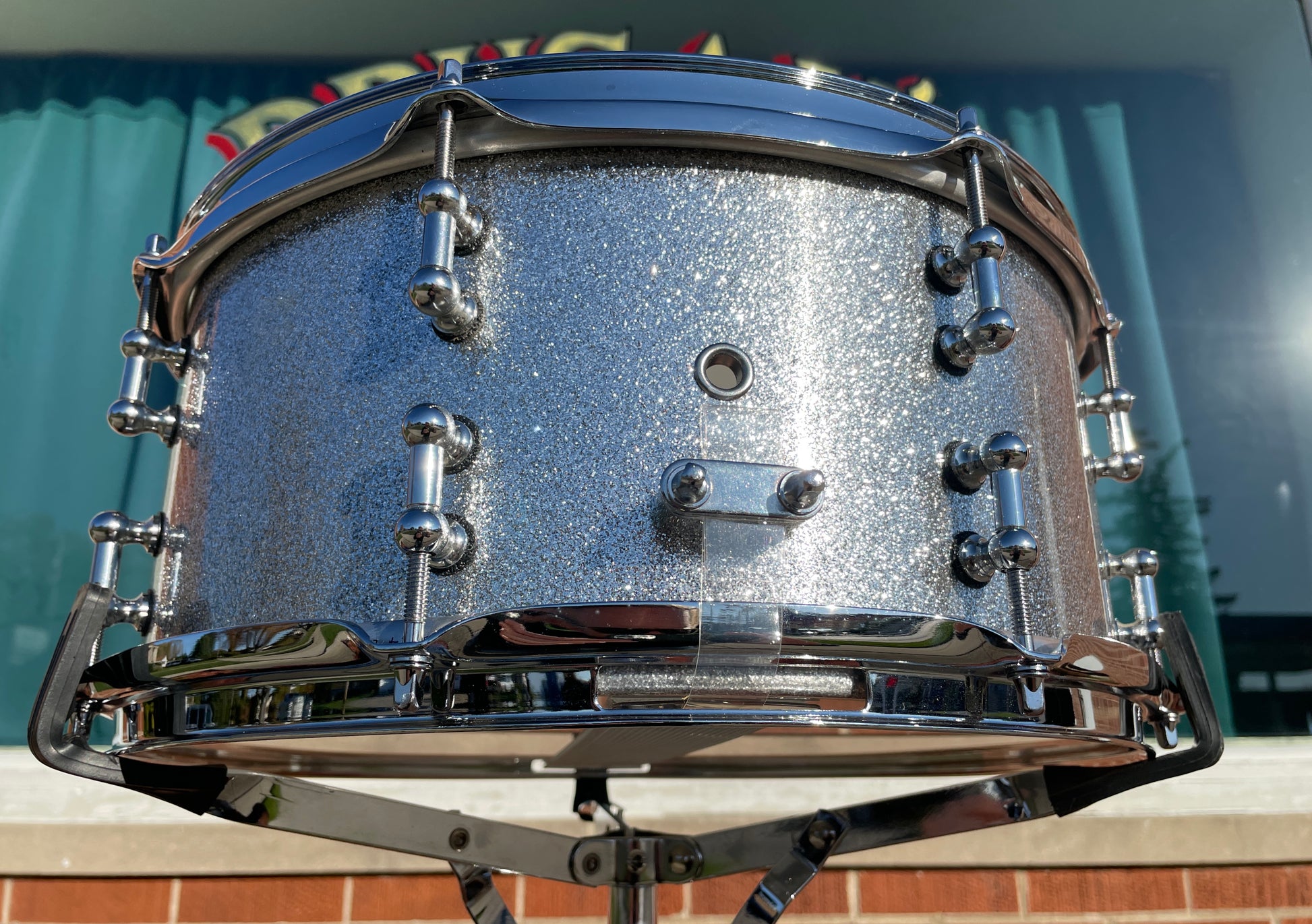 C&C Drum Company 6.5x14 Steel Snare Drum Silver Sparkle, Butt Plate