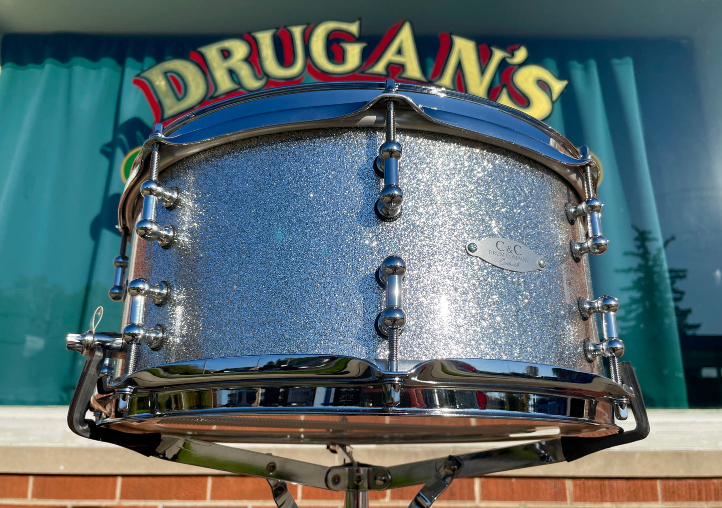 C&C Drum Company 6.5x14 Steel Snare Drum Silver Sparkle, Side View