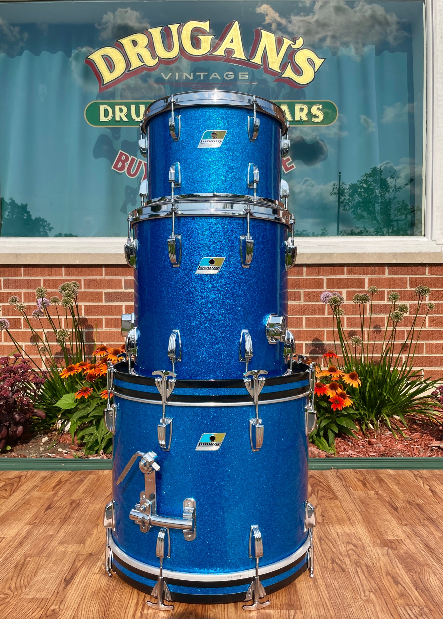 1970s Ludwig 3-Ply Bop Drum Set Blue Sparkle 18/12/14