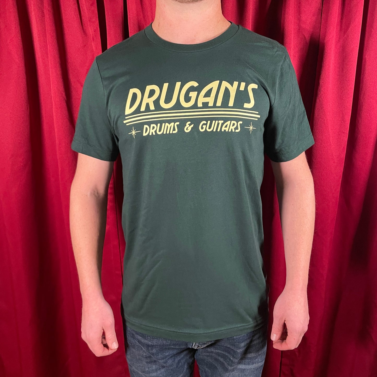 Drugan's Drums & Guitars Atomic Logo T-Shirt - Forest Green