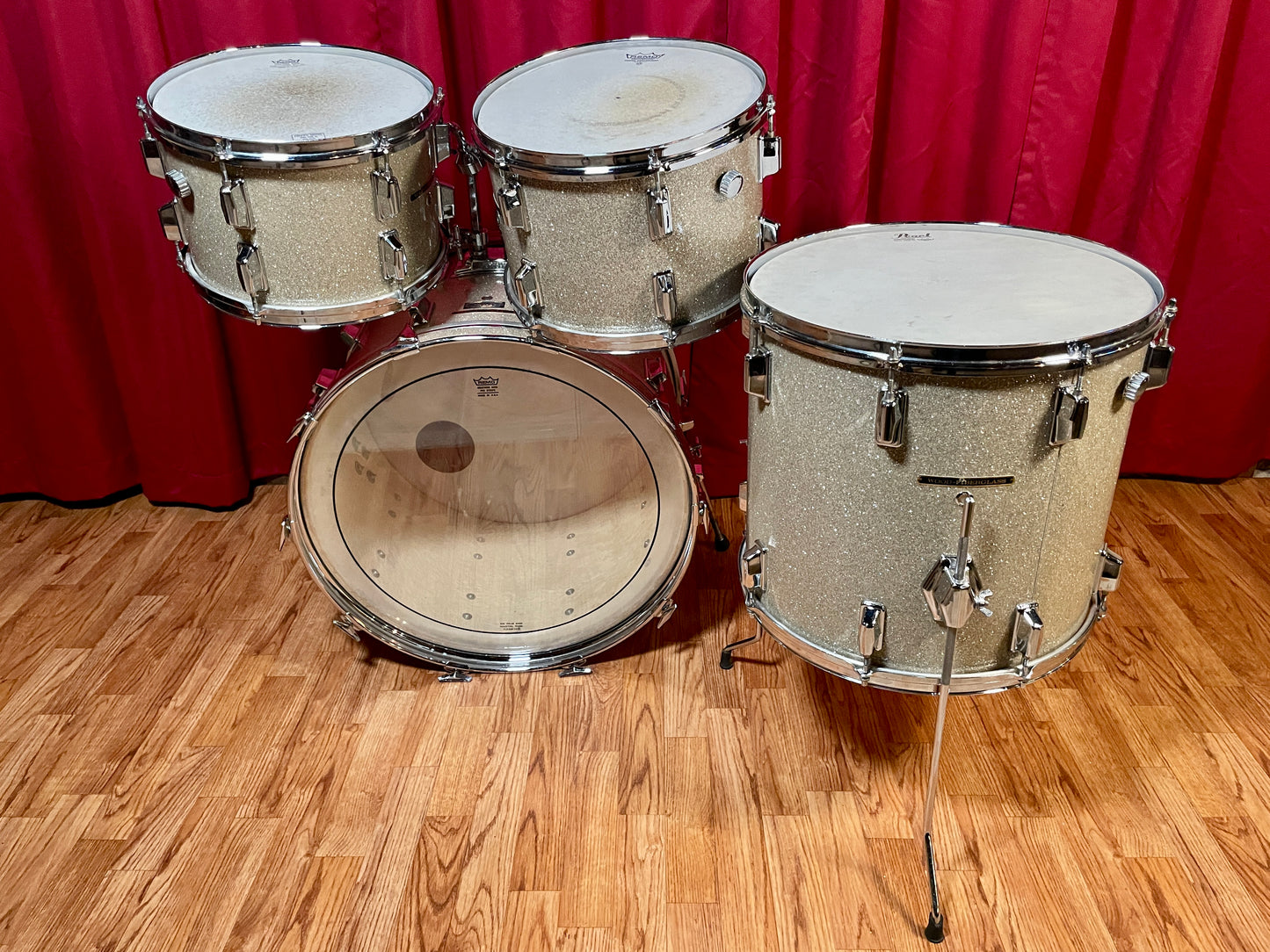 1970s Pearl Wood Fiberglass Drum Set 22/12/13/16 Silver Sparkle *Video Demo*