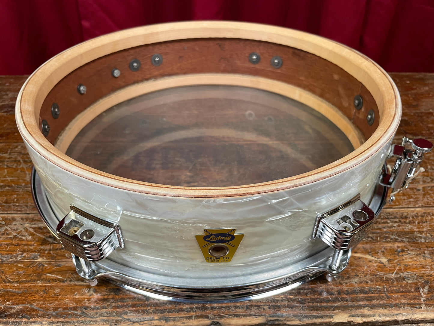 1959 Ludwig 3x13 Be-Bop Jazz Combo Snare Drum White Marine Pearl Trans Badge