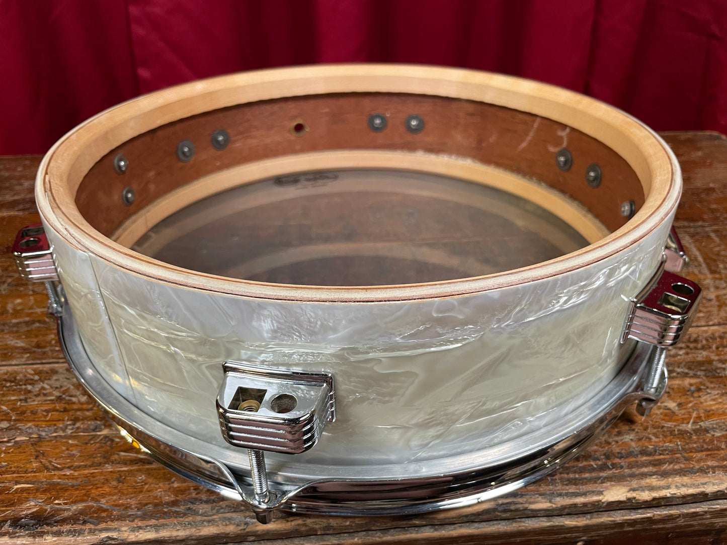 1959 Ludwig 3x13 Be-Bop Jazz Combo Snare Drum White Marine Pearl Trans Badge