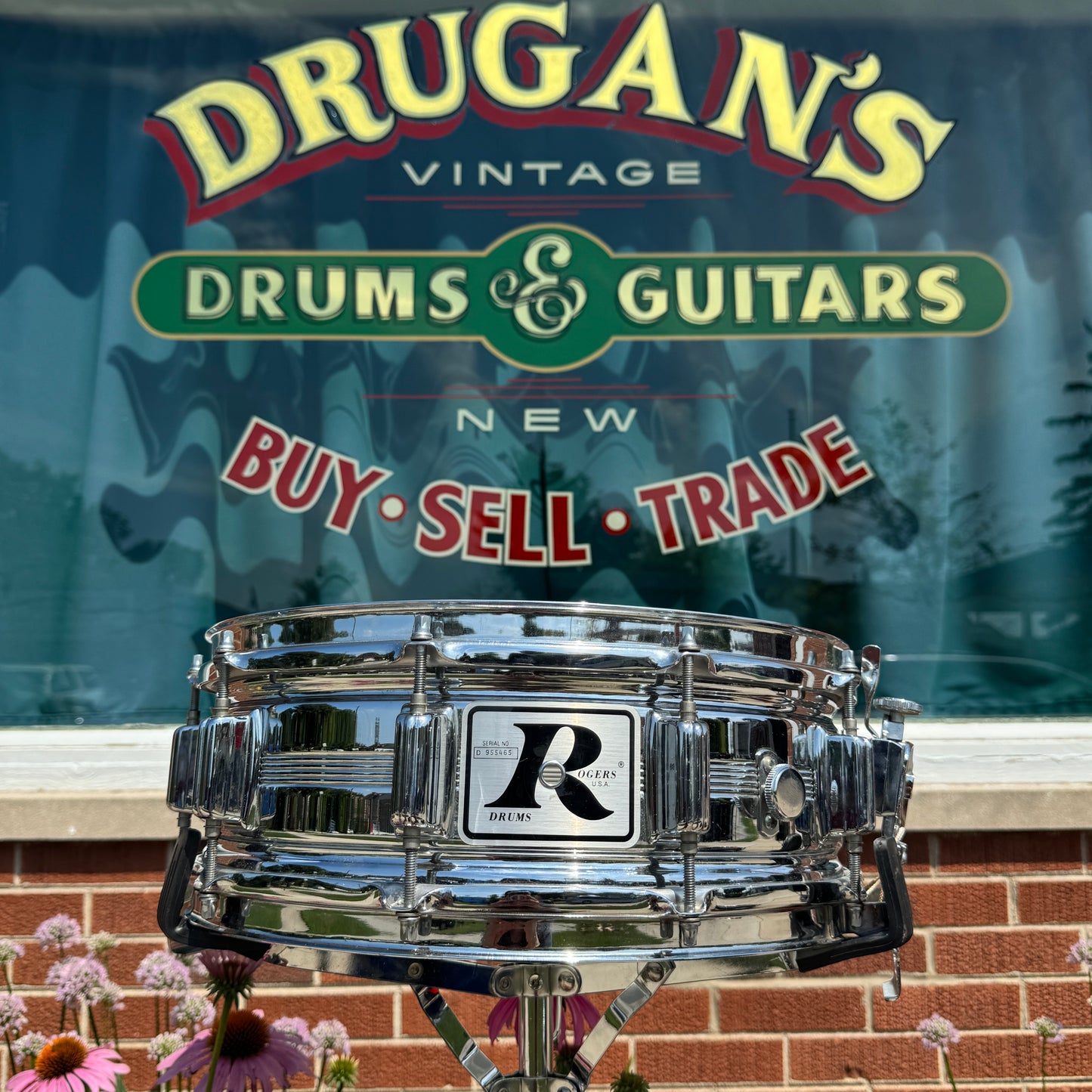 1970s Rogers Big R Dyna-Sonic 5-Line 5x14 Snare Drum Chrome Over Brass Dynasonic COB