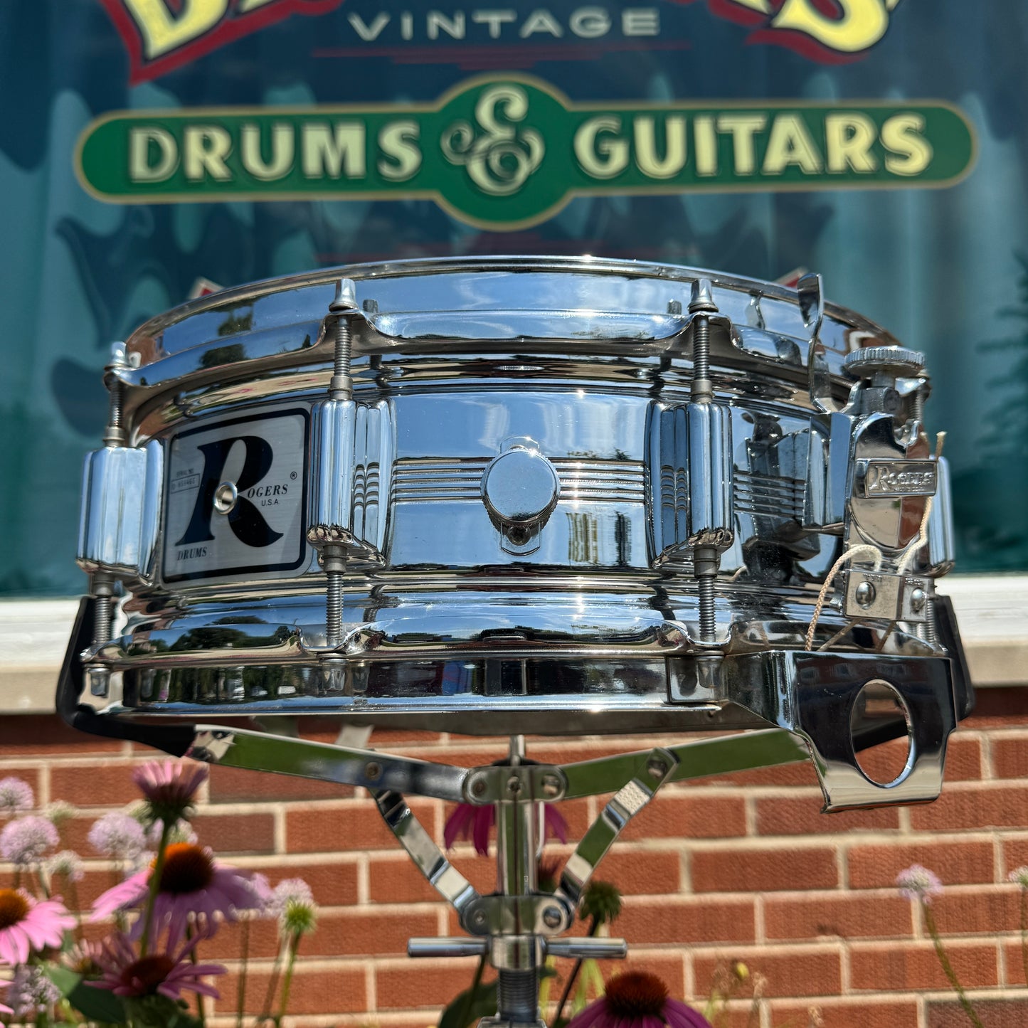 1970s Rogers Big R Dyna-Sonic 5-Line 5x14 Snare Drum Chrome Over Brass Dynasonic COB