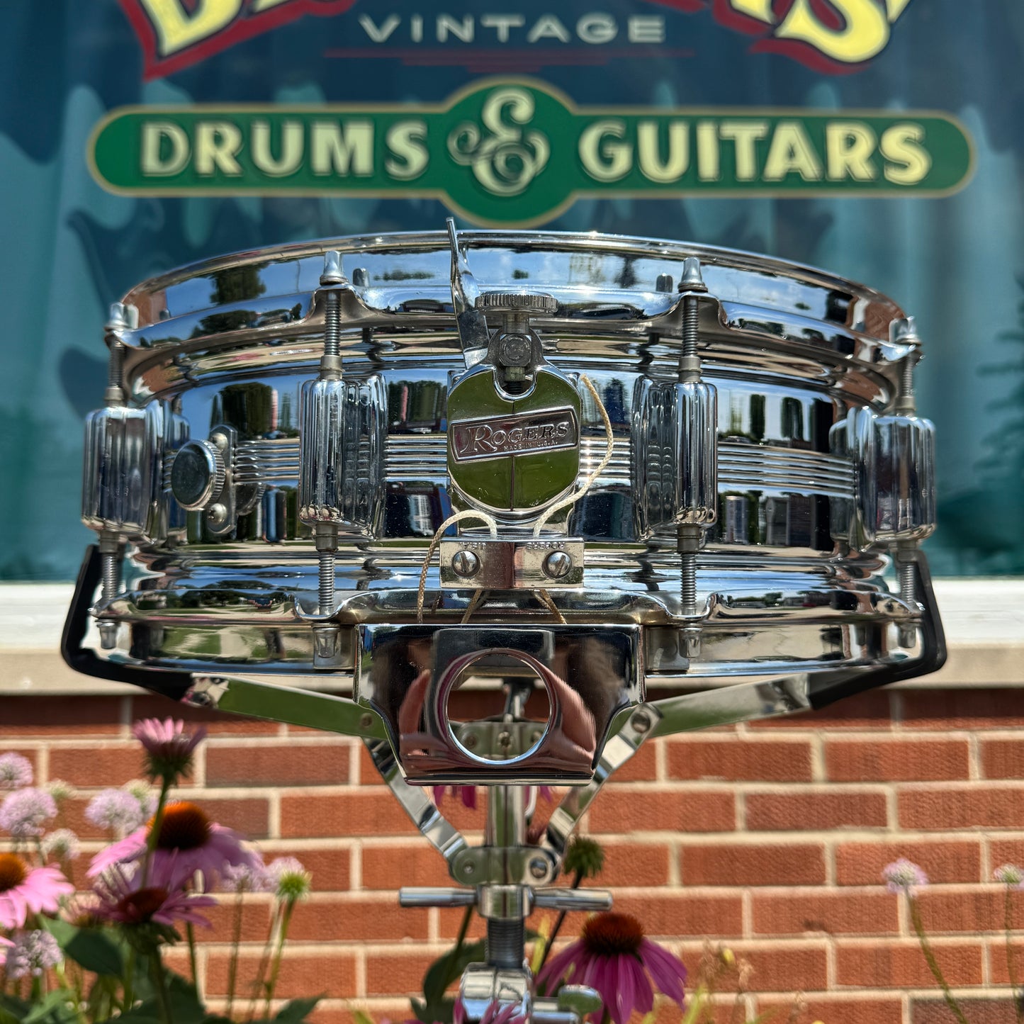 1970s Rogers Big R Dyna-Sonic 5-Line 5x14 Snare Drum Chrome Over Brass Dynasonic COB