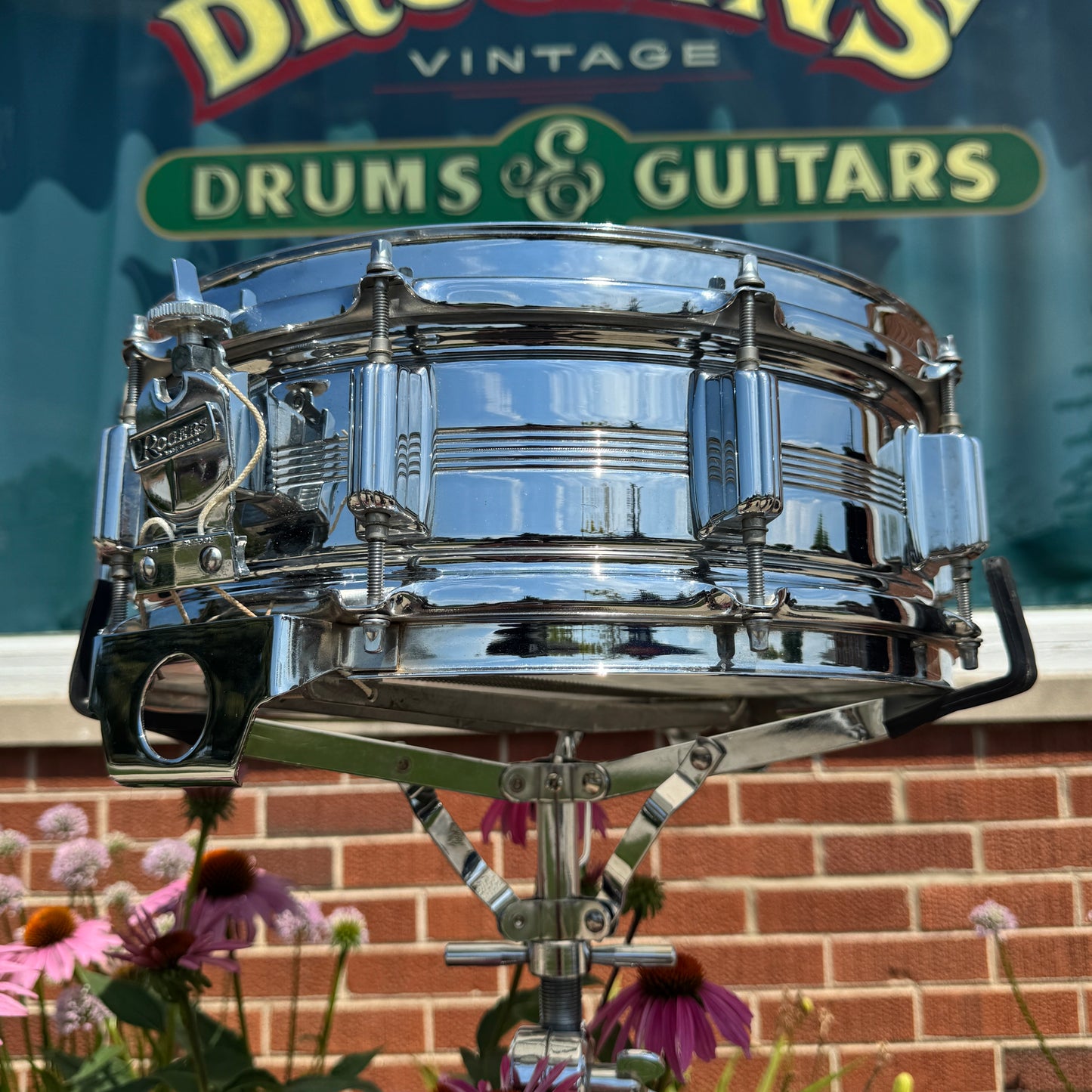 1970s Rogers Big R Dyna-Sonic 5-Line 5x14 Snare Drum Chrome Over Brass Dynasonic COB