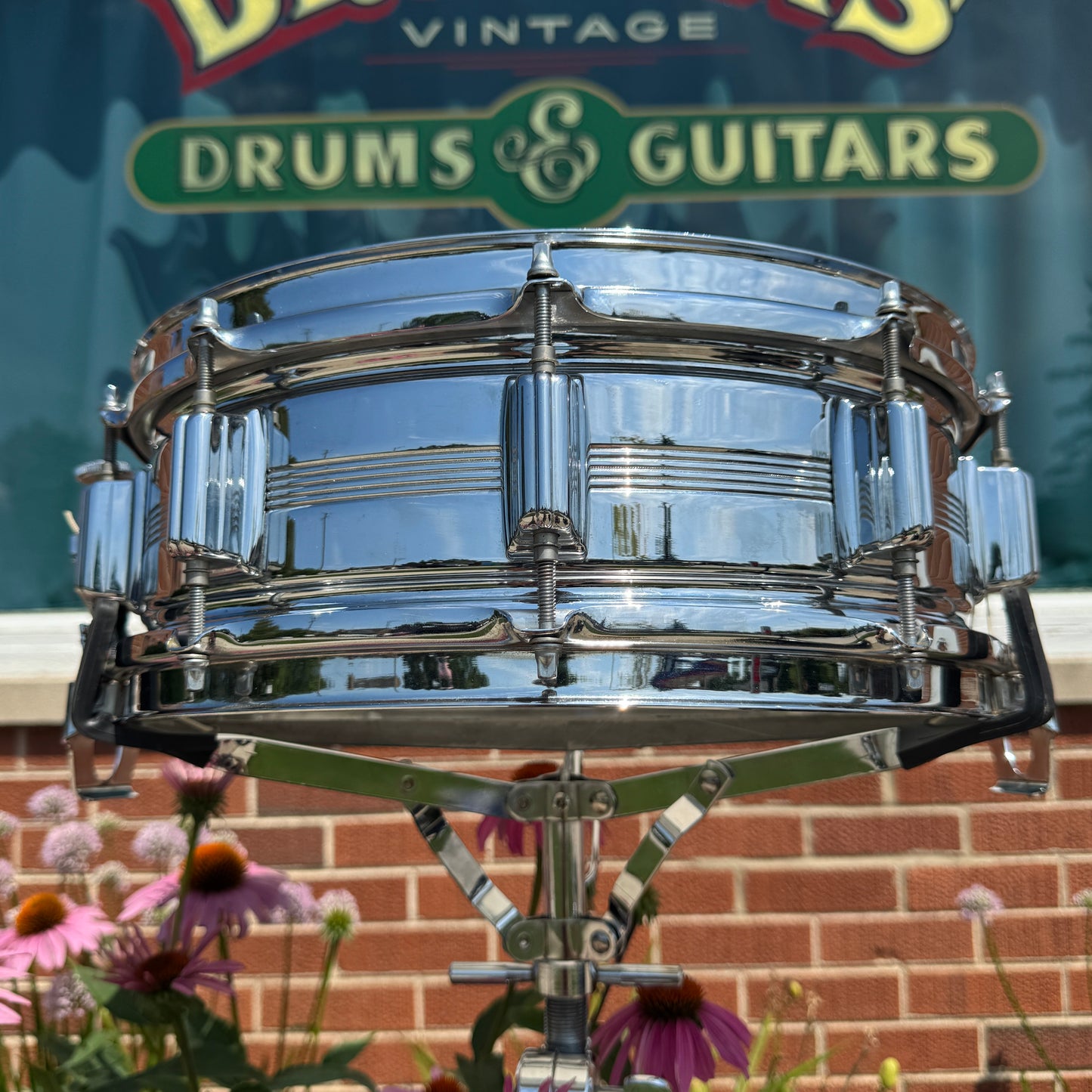1970s Rogers Big R Dyna-Sonic 5-Line 5x14 Snare Drum Chrome Over Brass Dynasonic COB