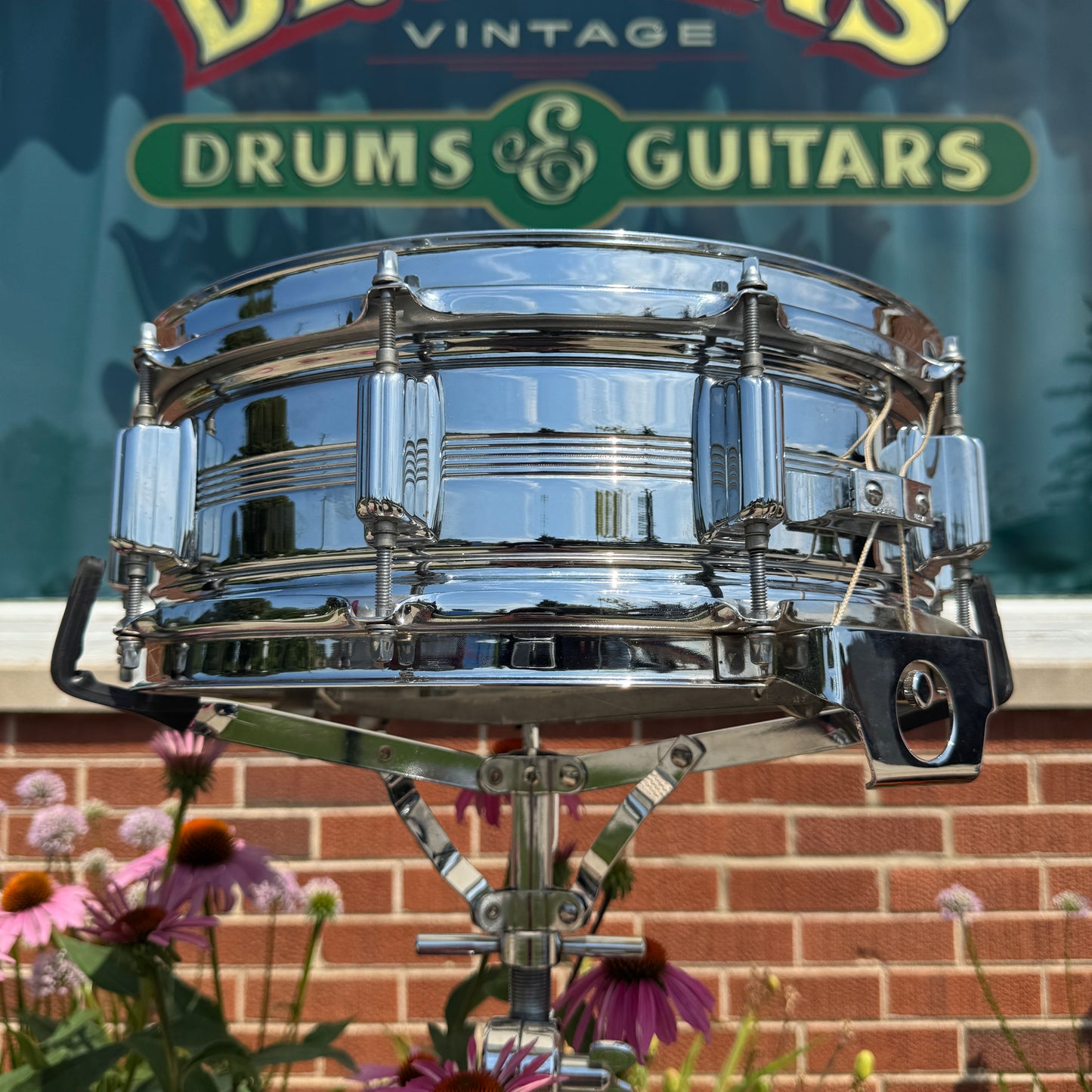 1970s Rogers Big R Dyna-Sonic 5-Line 5x14 Snare Drum Chrome Over Brass Dynasonic COB