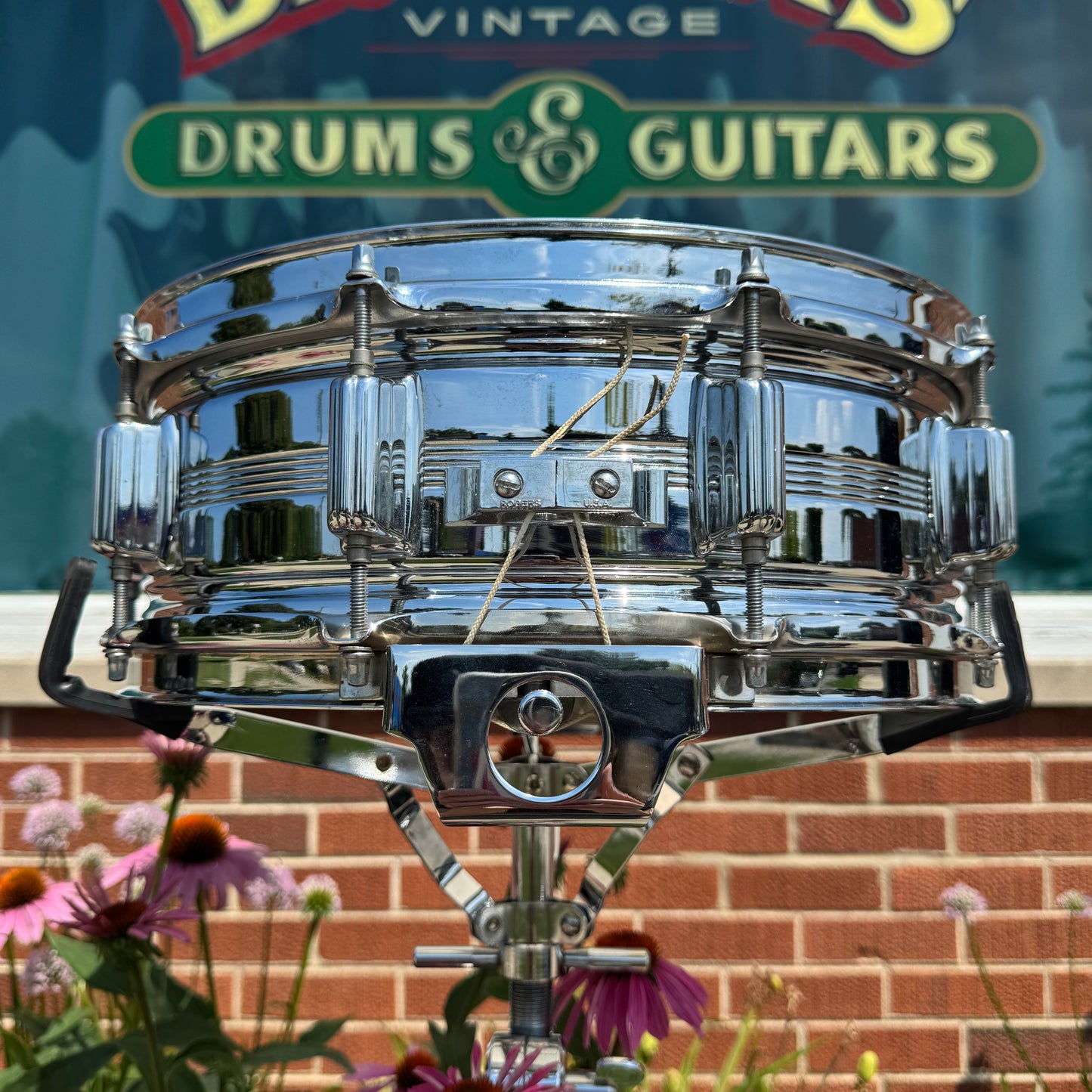 1970s Rogers Big R Dyna-Sonic 5-Line 5x14 Snare Drum Chrome Over Brass Dynasonic COB