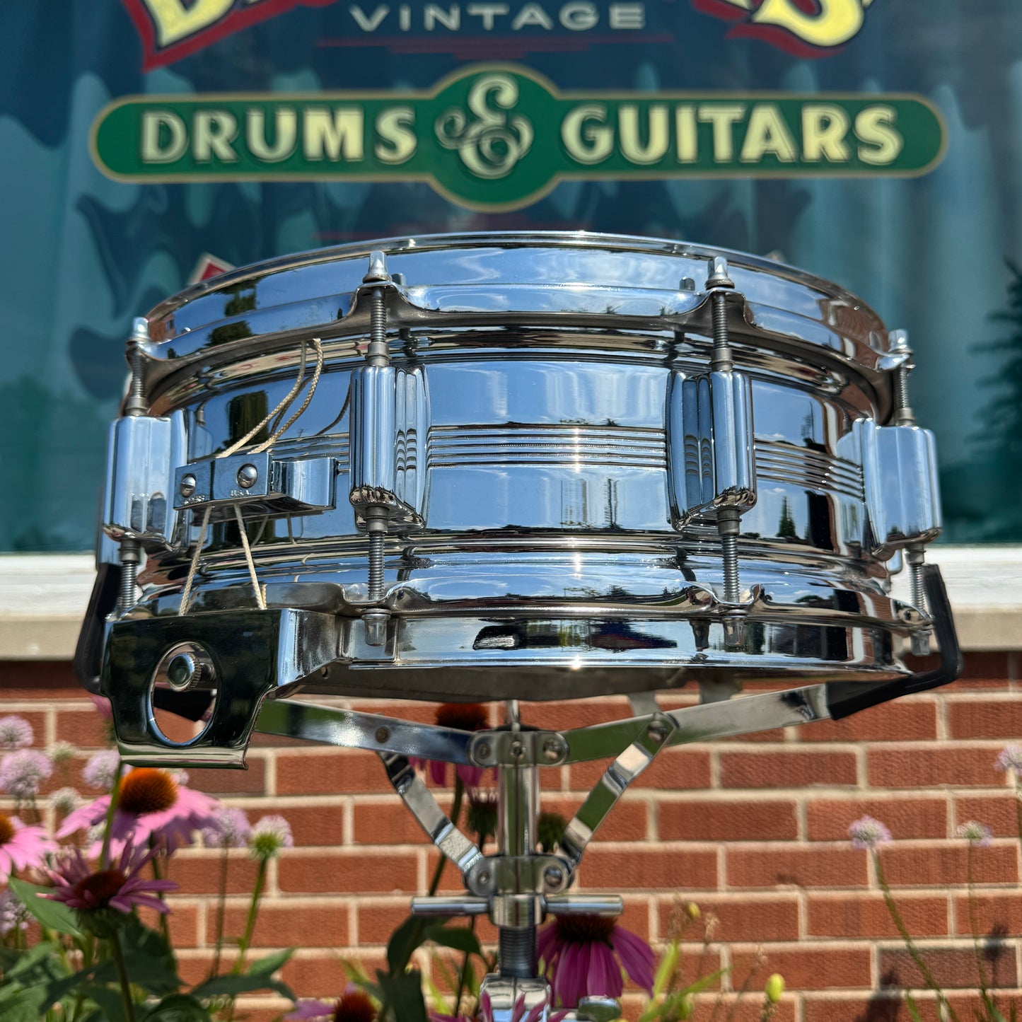 1970s Rogers Big R Dyna-Sonic 5-Line 5x14 Snare Drum Chrome Over Brass Dynasonic COB