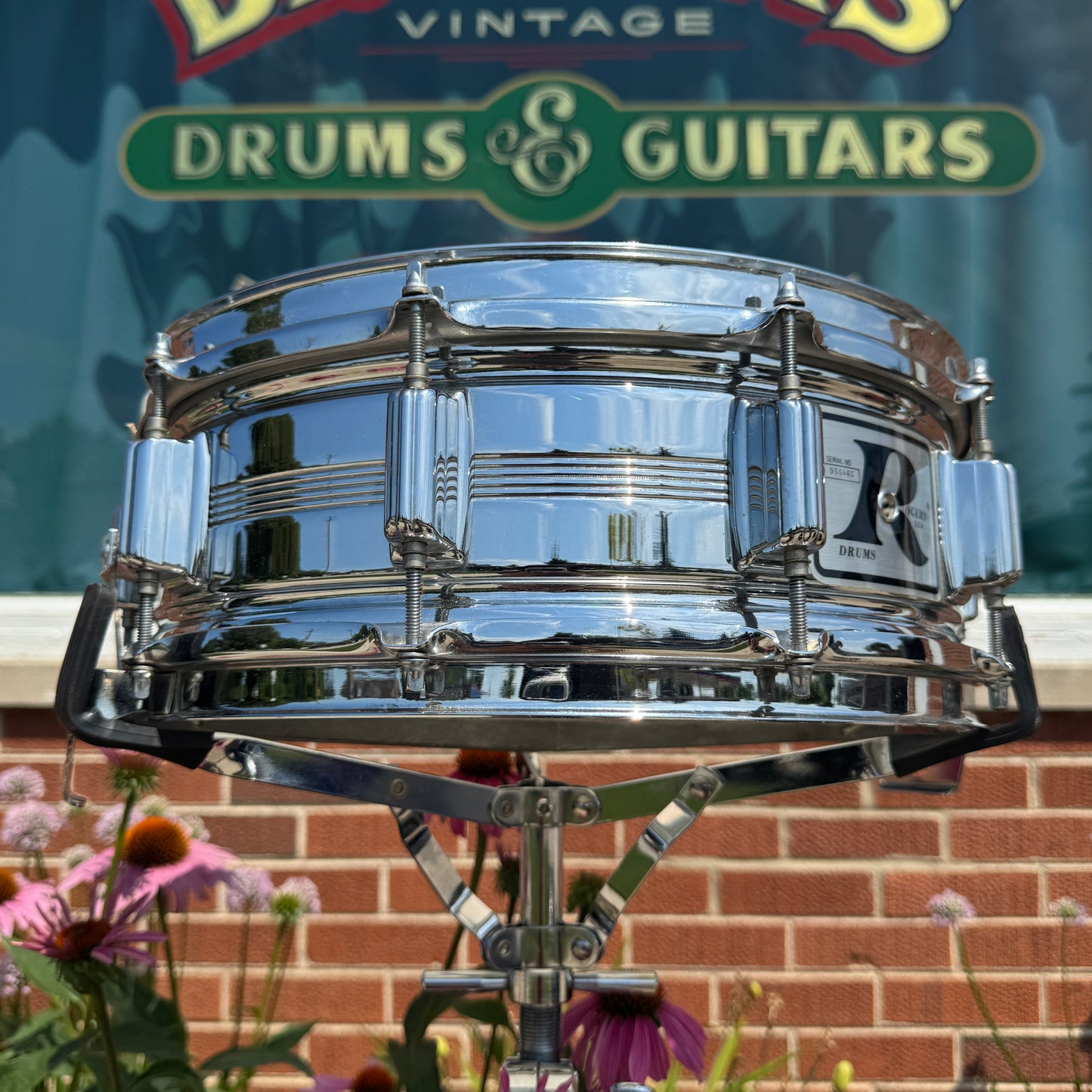1970s Rogers Big R Dyna-Sonic 5-Line 5x14 Snare Drum Chrome Over Brass Dynasonic COB