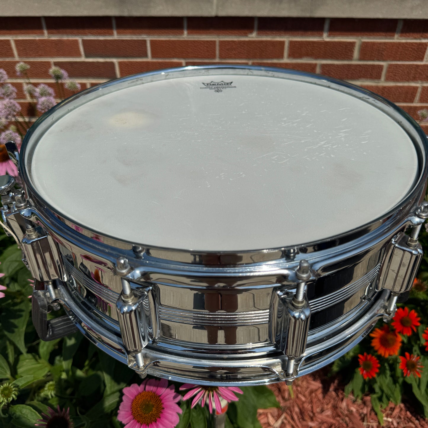1970s Rogers Big R Dyna-Sonic 5-Line 5x14 Snare Drum Chrome Over Brass Dynasonic COB
