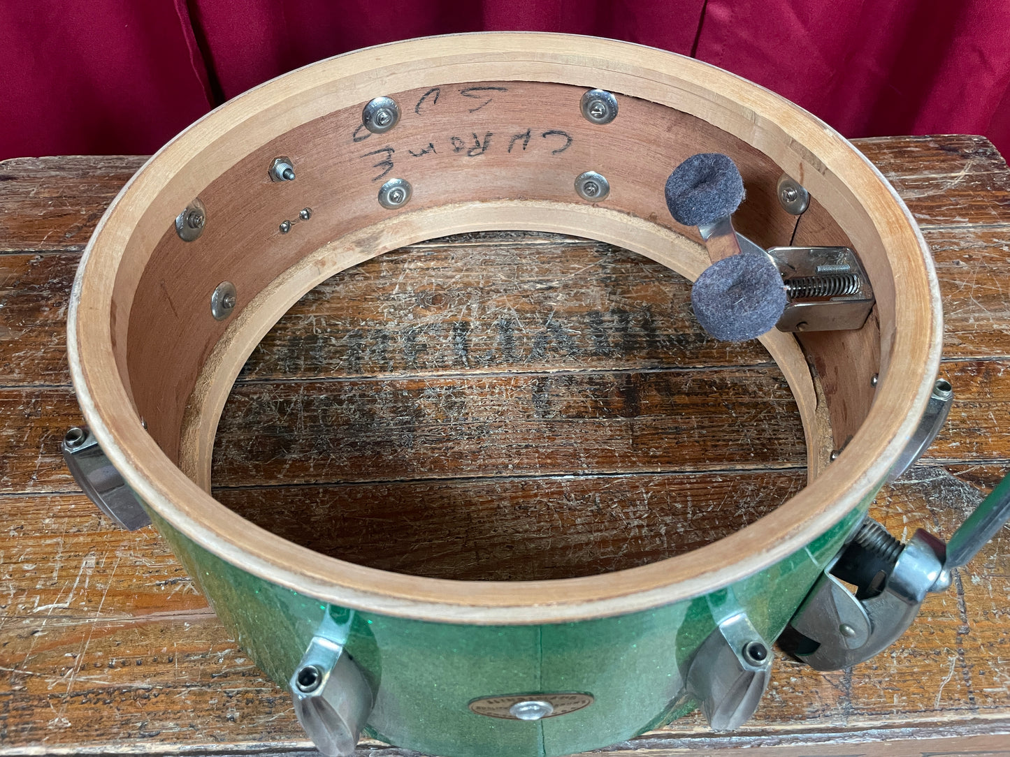 1953-56 Slingerland Super Gene Krupa Radio King 5.5x14 Snare Drum Green Sparkle Glass Glitter w/ Dog Tag Badge