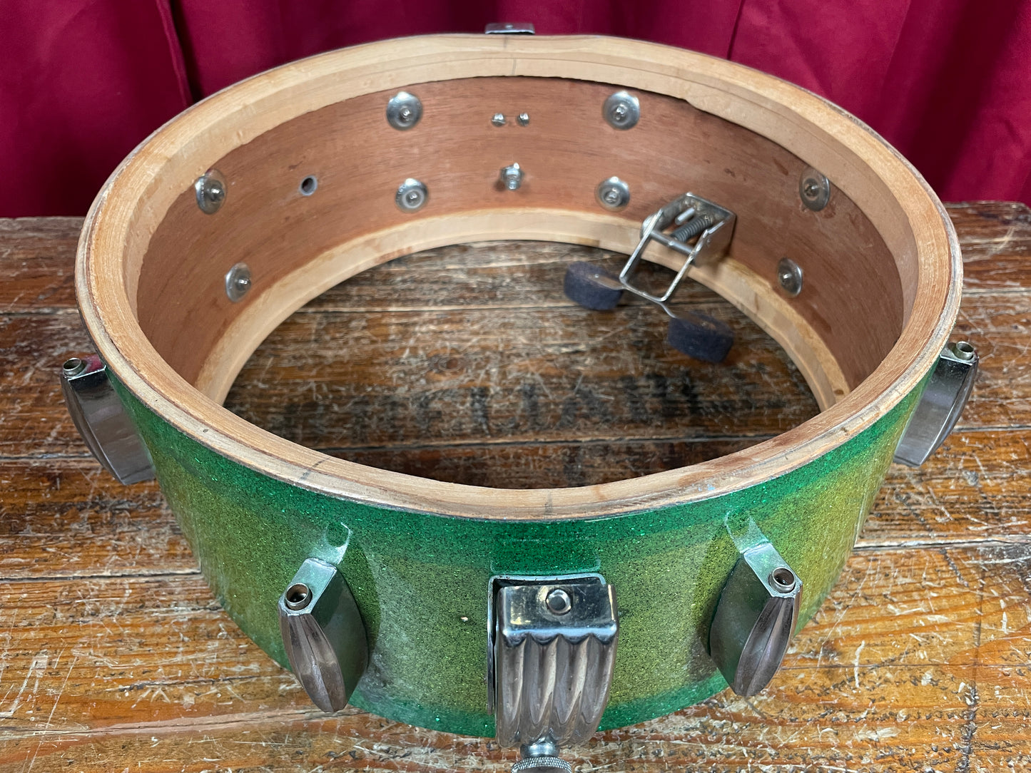 1953-56 Slingerland Super Gene Krupa Radio King 5.5x14 Snare Drum Green Sparkle Glass Glitter w/ Dog Tag Badge