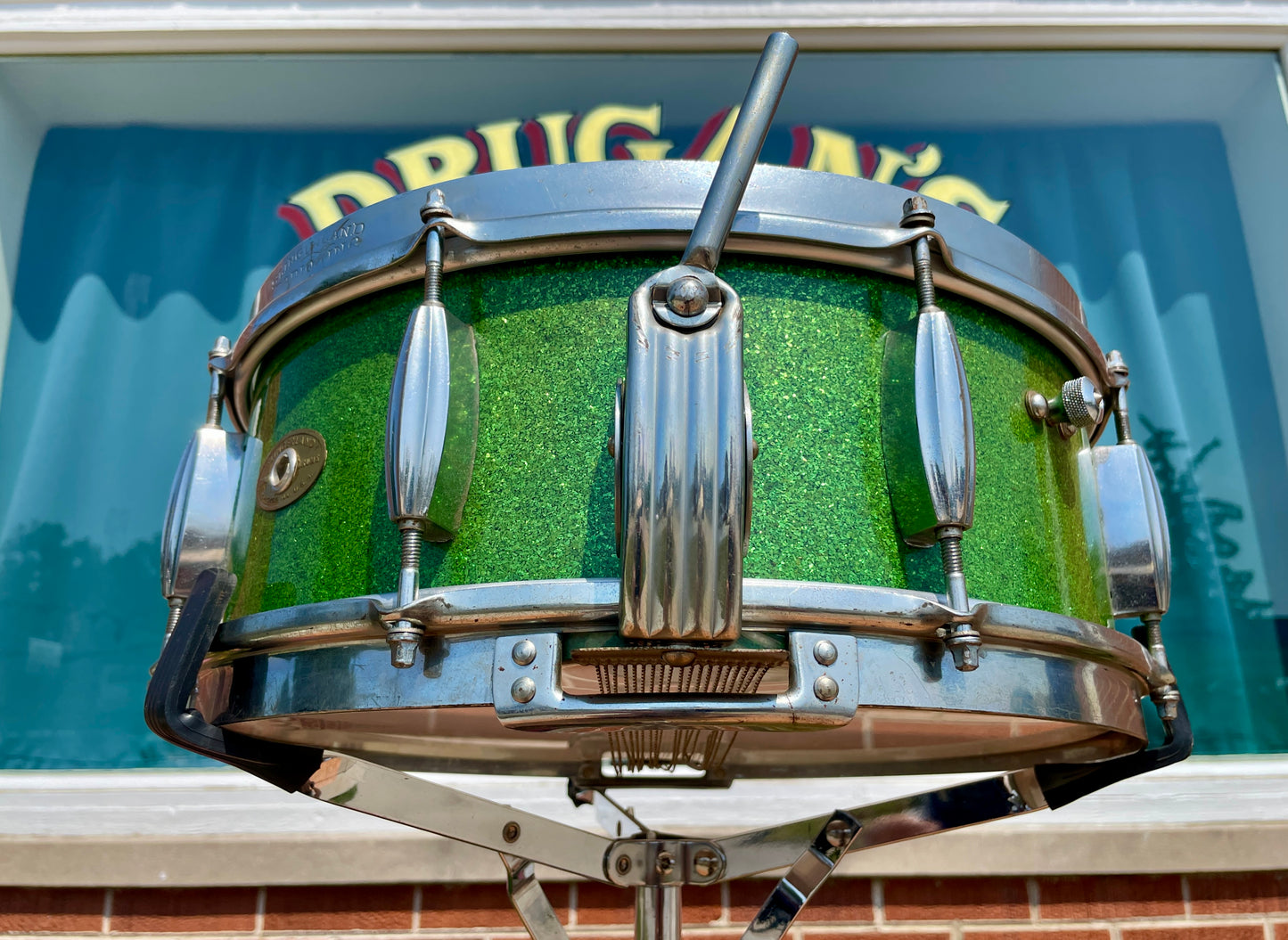 1953-56 Slingerland Super Gene Krupa Radio King 5.5x14 Snare Drum Green Sparkle Glass Glitter w/ Dog Tag Badge
