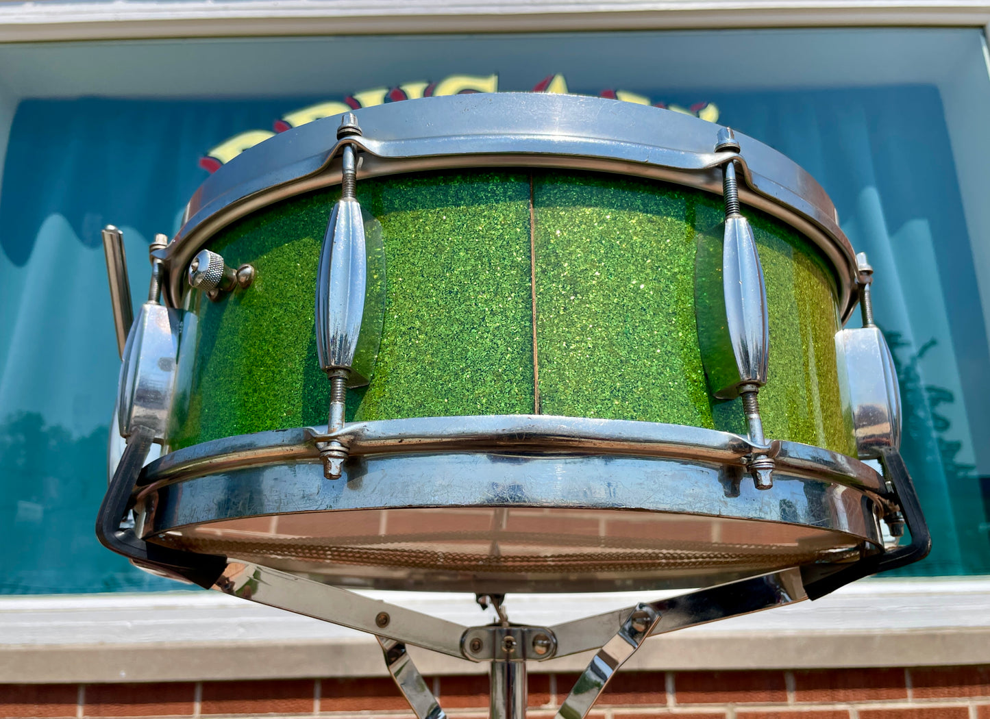 1953-56 Slingerland Super Gene Krupa Radio King 5.5x14 Snare Drum Green Sparkle Glass Glitter w/ Dog Tag Badge