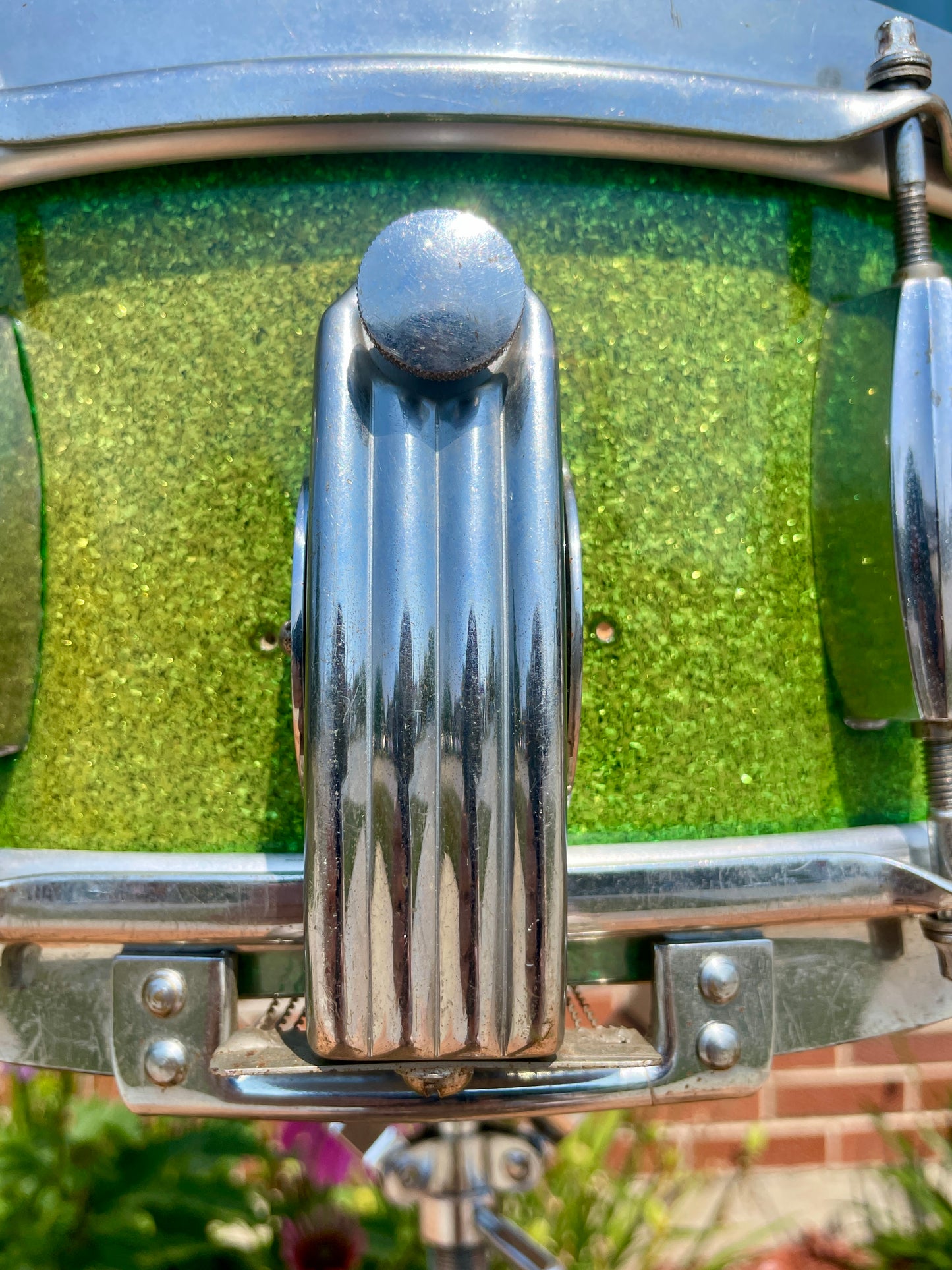 1953-56 Slingerland Super Gene Krupa Radio King 5.5x14 Snare Drum Green Sparkle Glass Glitter w/ Dog Tag Badge
