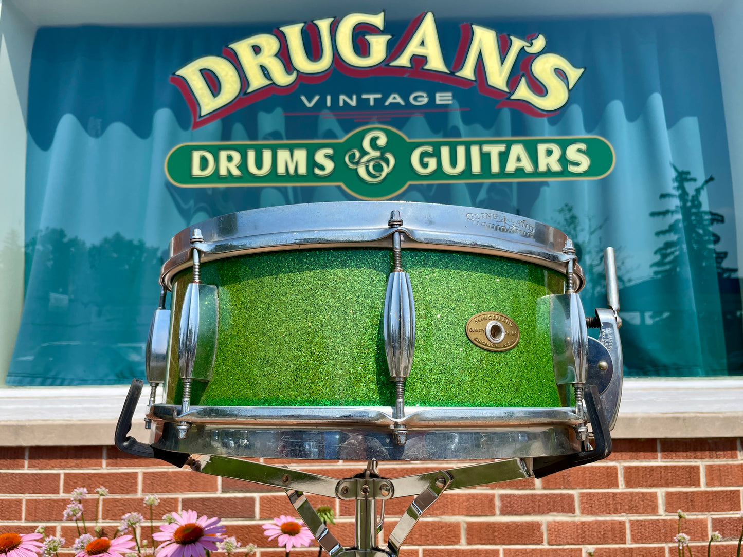 1953-56 Slingerland Super Gene Krupa Radio King 5.5x14 Snare Drum Green Sparkle Glass Glitter w/ Dog Tag Badge