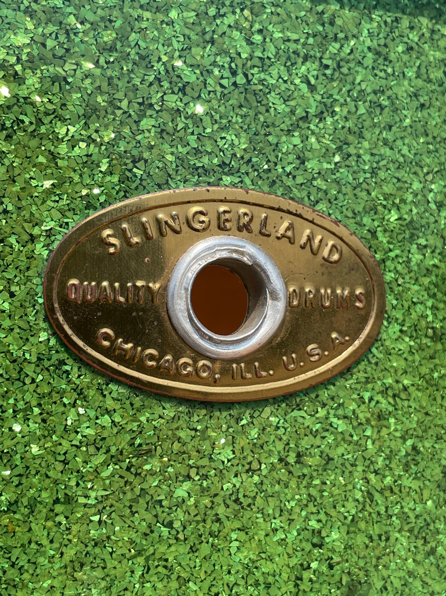 1953-56 Slingerland Super Gene Krupa Radio King 5.5x14 Snare Drum Green Sparkle Glass Glitter w/ Dog Tag Badge