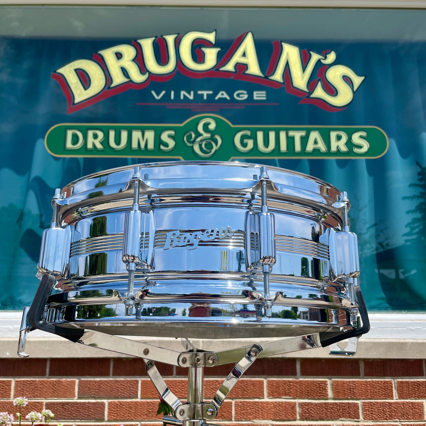Early 1970s Rogers Dyna-Sonic 5-Line 5x14 Snare Drum Chrome Over Brass Dynasonic COB