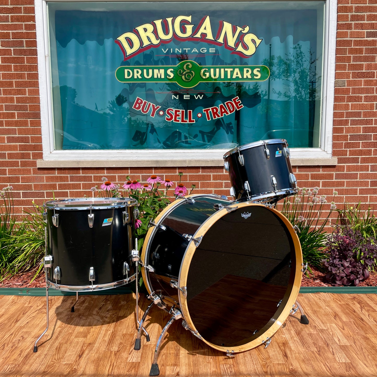 1970s Ludwig 3pc Drum Set Black Cortex 28/15/18 3 Ply
