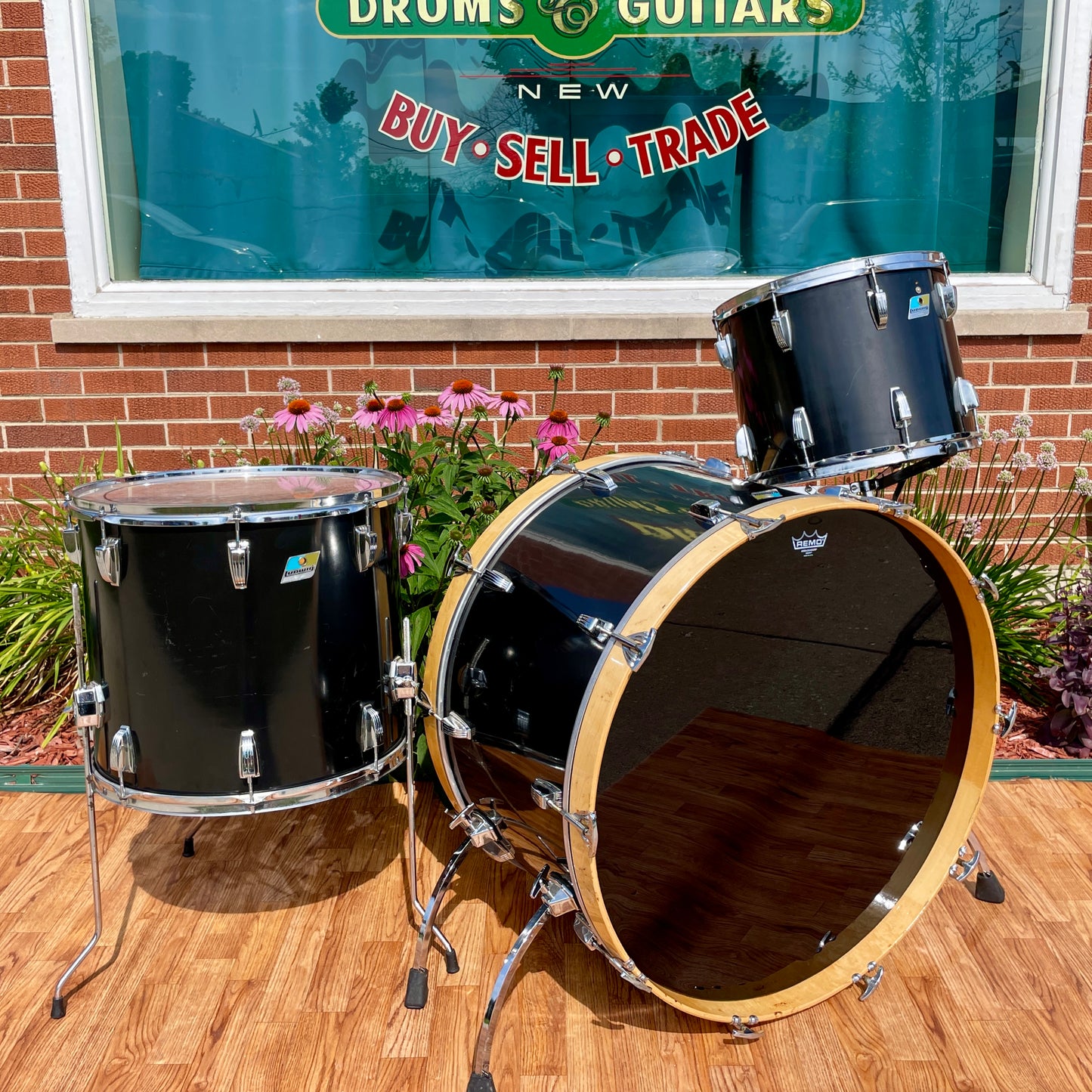 1970s Ludwig 3pc Drum Set Black Cortex 28/15/18 3 Ply