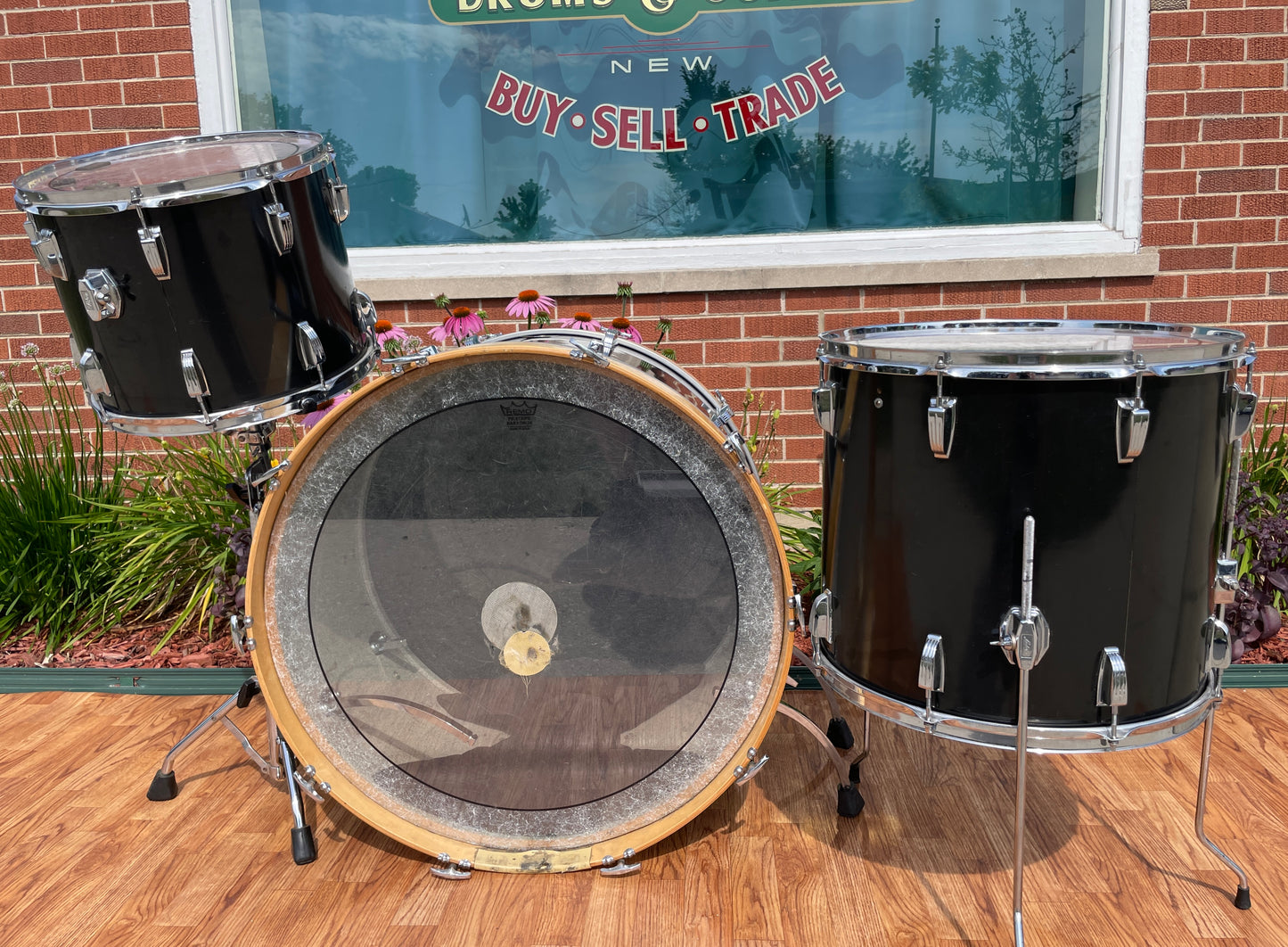 1970s Ludwig 3pc Drum Set Black Cortex 28/15/18 3 Ply