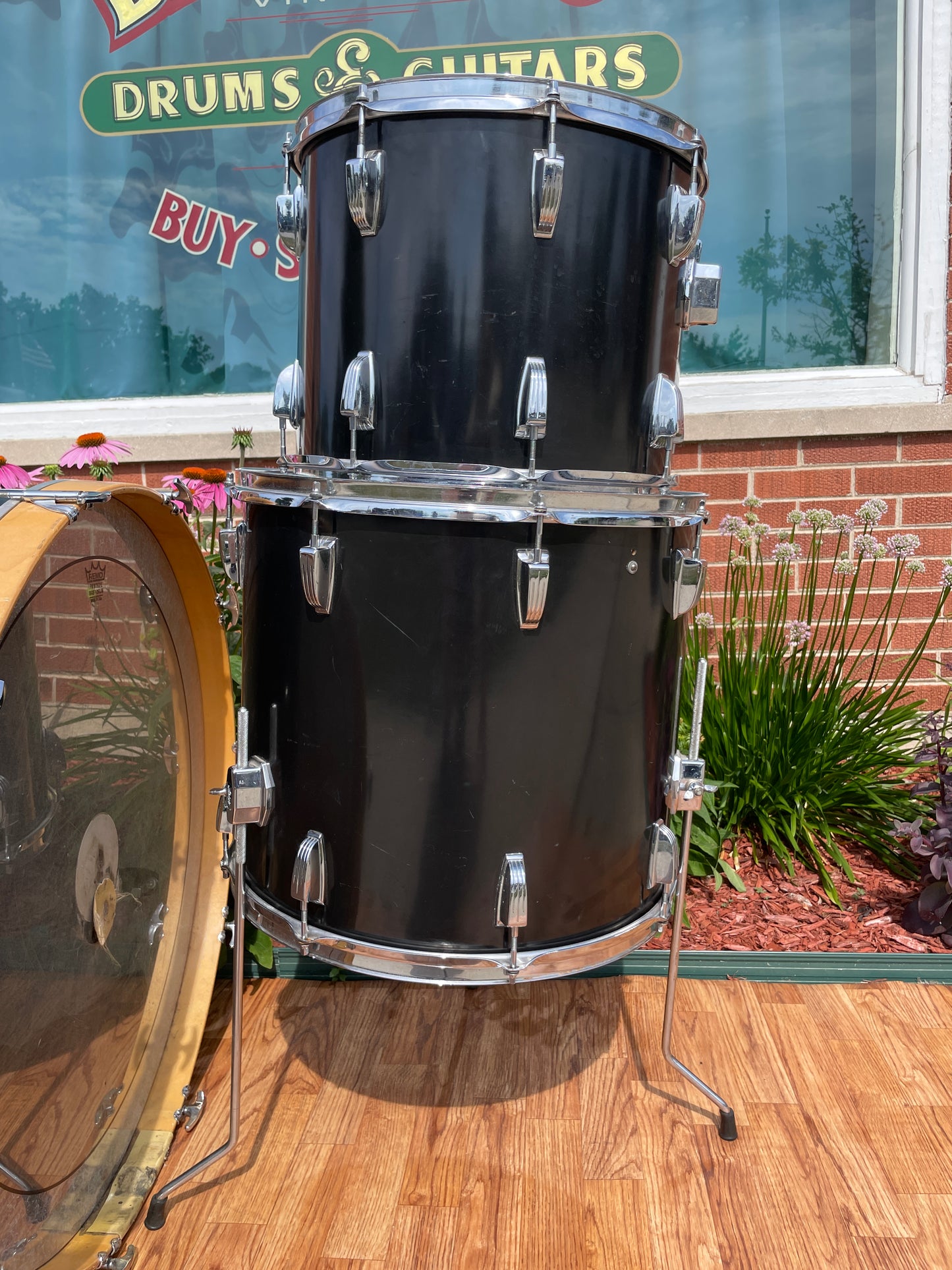 1970s Ludwig 3pc Drum Set Black Cortex 28/15/18 3 Ply
