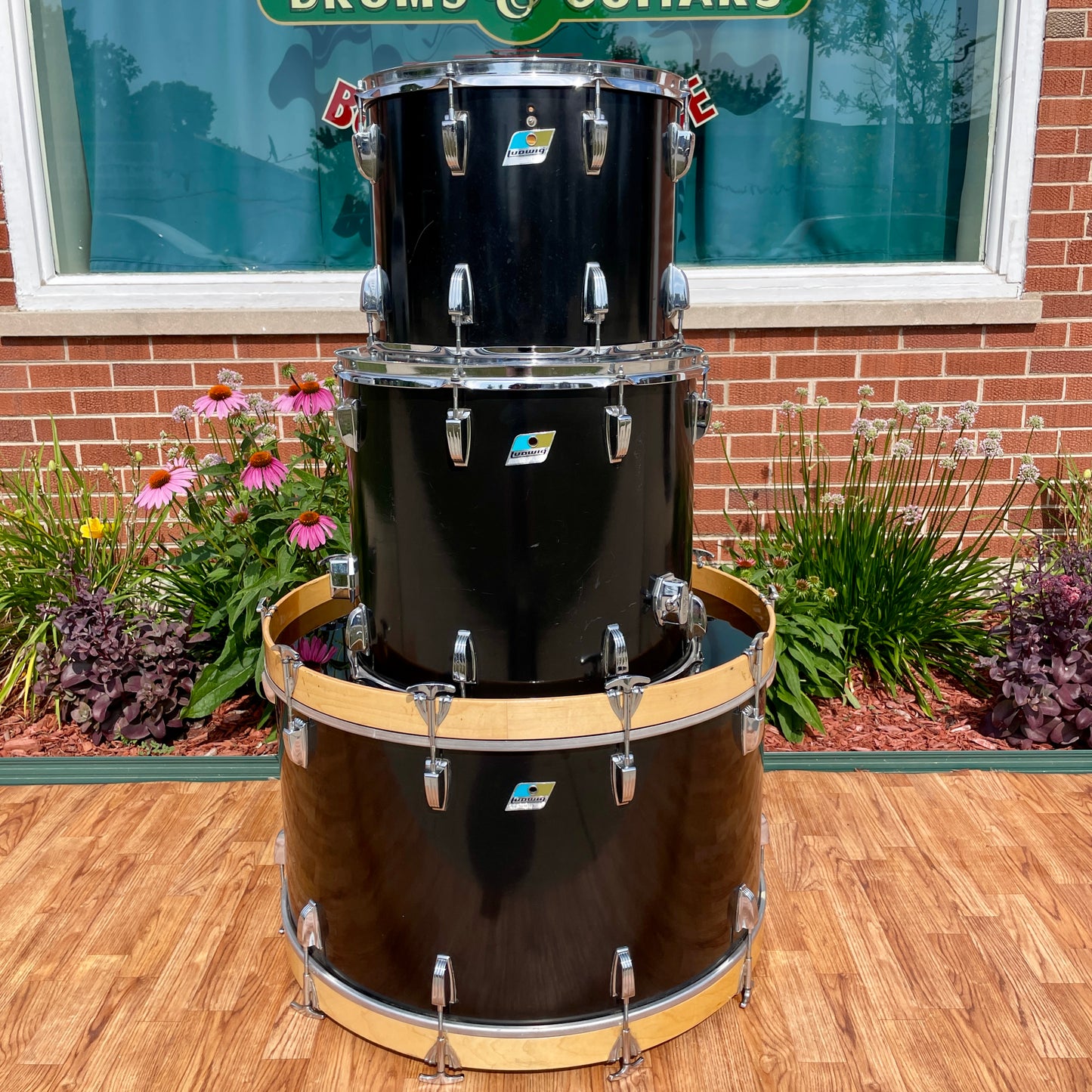 1970s Ludwig 3pc Drum Set Black Cortex 28/15/18 3 Ply