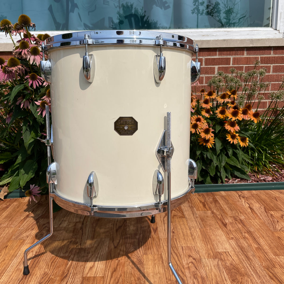 1970s Gretsch 16x16 Stop Sign Badge Floor Tom Drum White Nitron