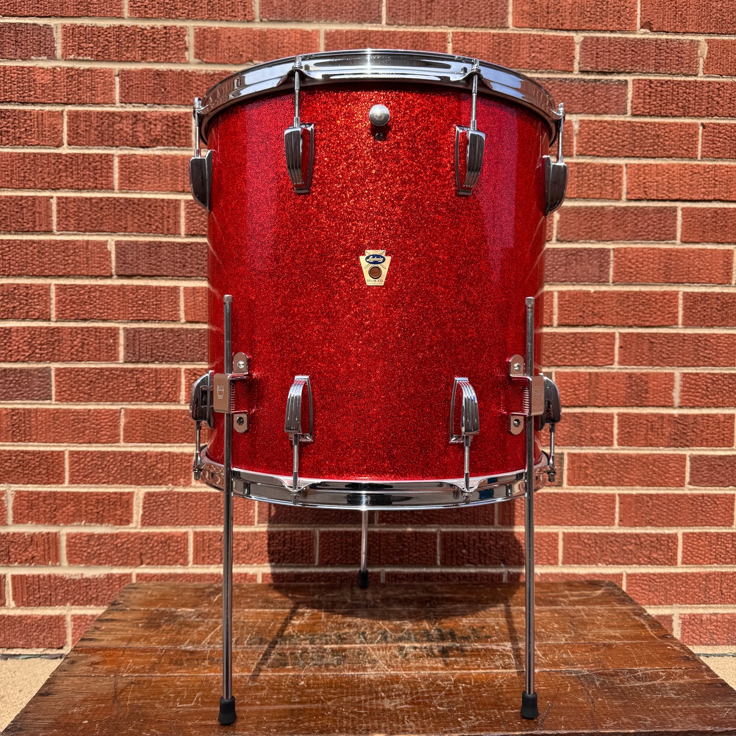1958-1959 Ludwig 16x16 Trans Badge Floor Tom Red Glass Glitter Sparkle